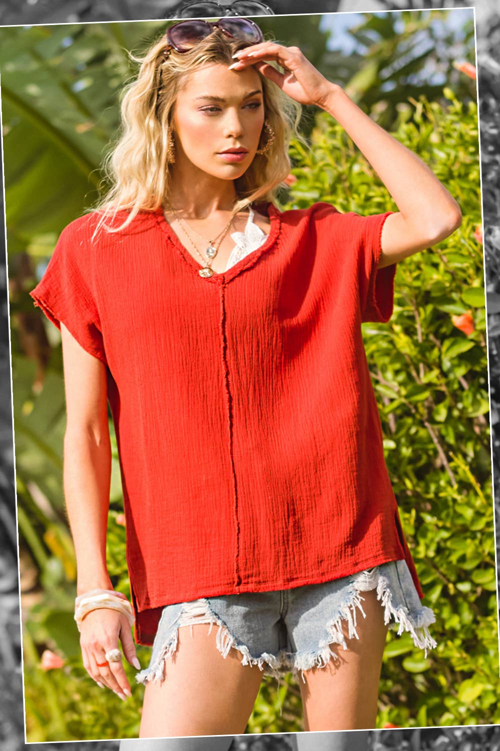 Loose Fit Gauze Fabric Short Sleeve Top HBT7624