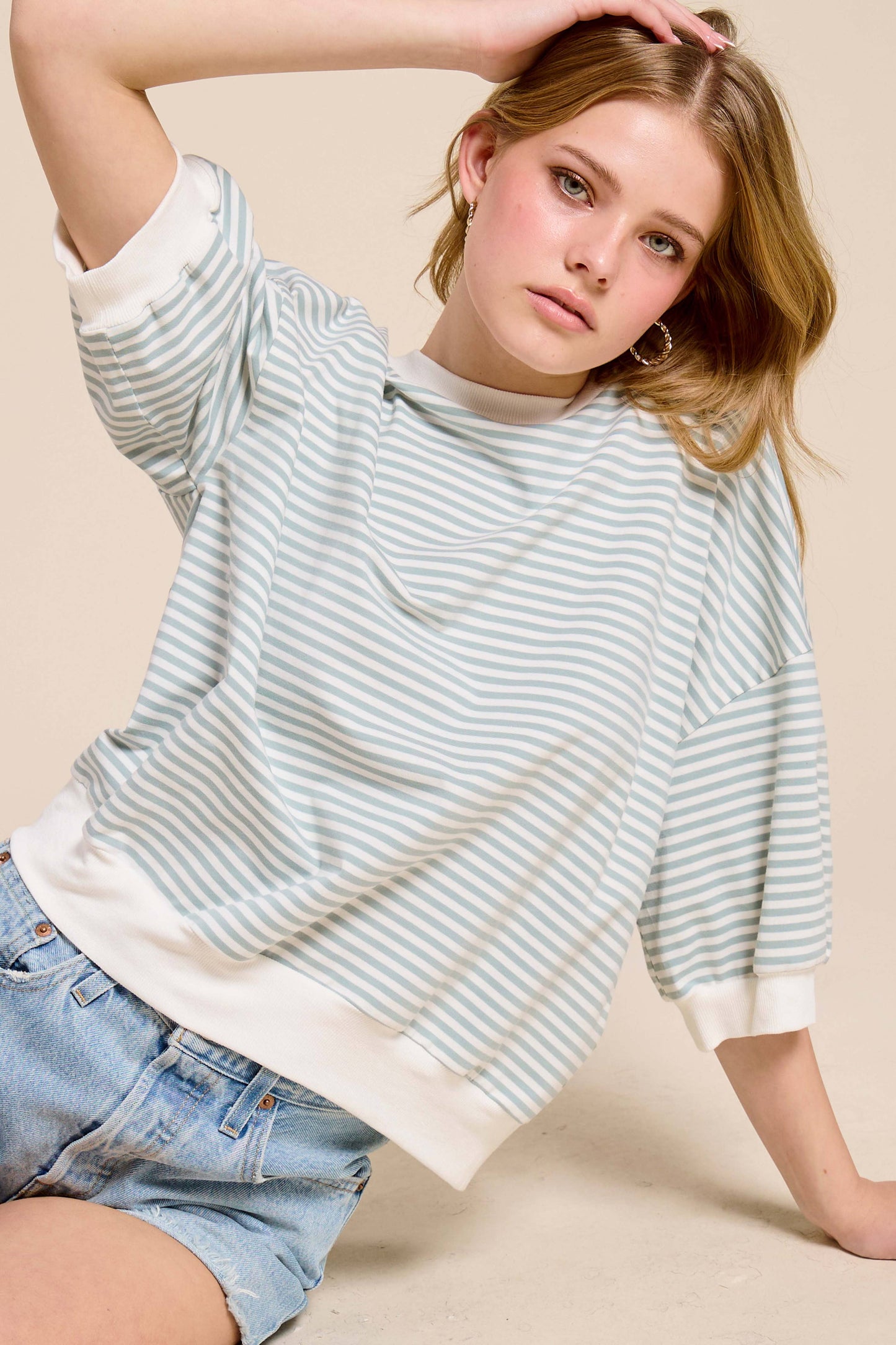 Shits Women’s Loose Fit Striped Short Sleeve Crew Neckline Top MCT7688