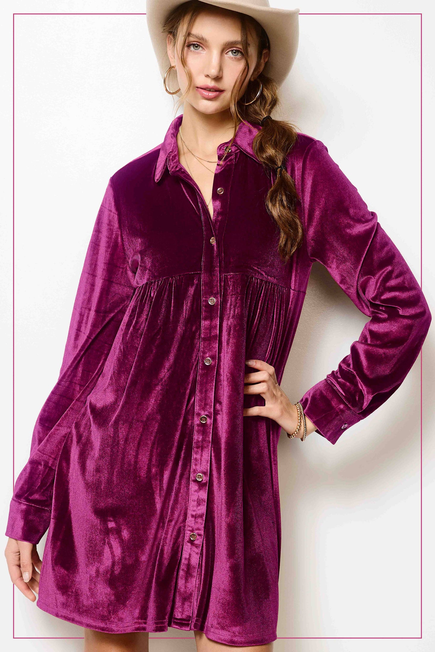 HCD9315-Soft Velvety Button Down Collar Dress