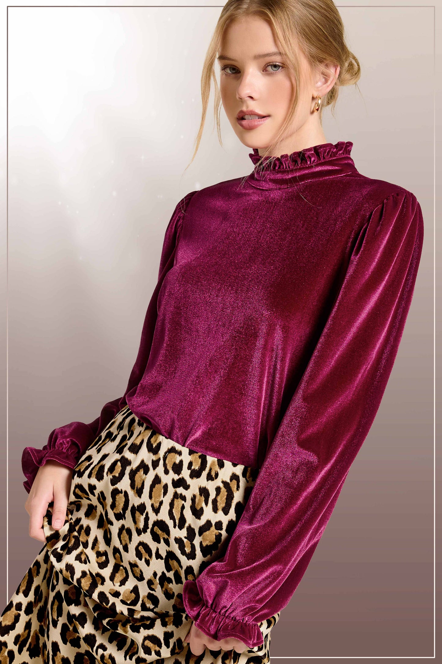 HCT7698-Soft Velvet Long Puff Sleeve Blouse Top shirt womens