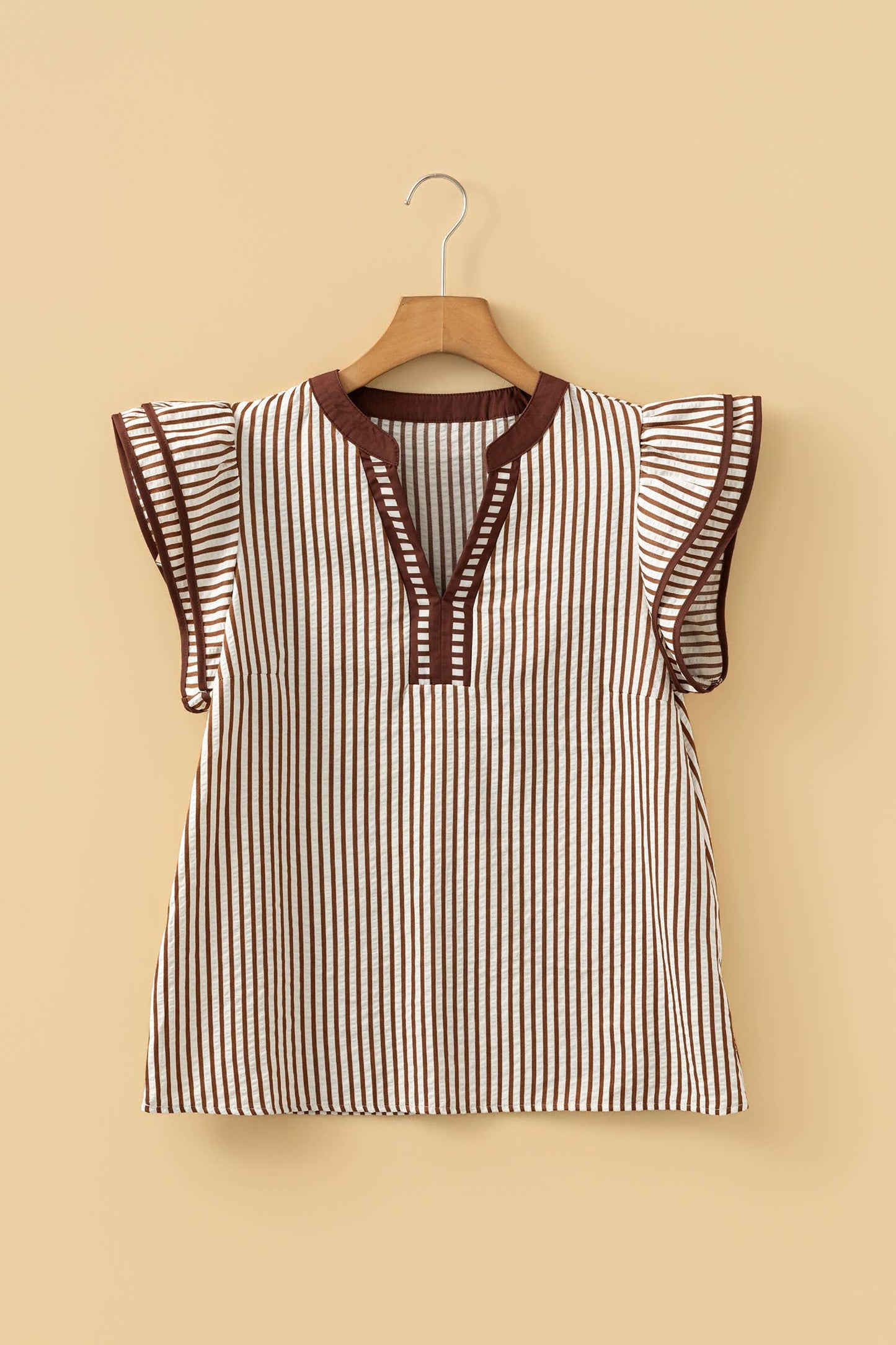 Shirts Women’s Stripe Double Ruffled Short Sleeve V Neck Blouse DLM25134769