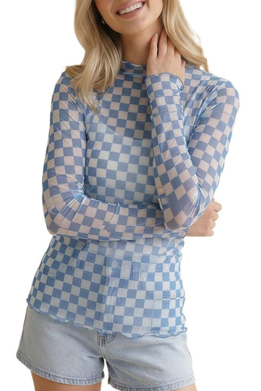 7127 High Neck Checker Mesh Semi Sheer Top HT7127F