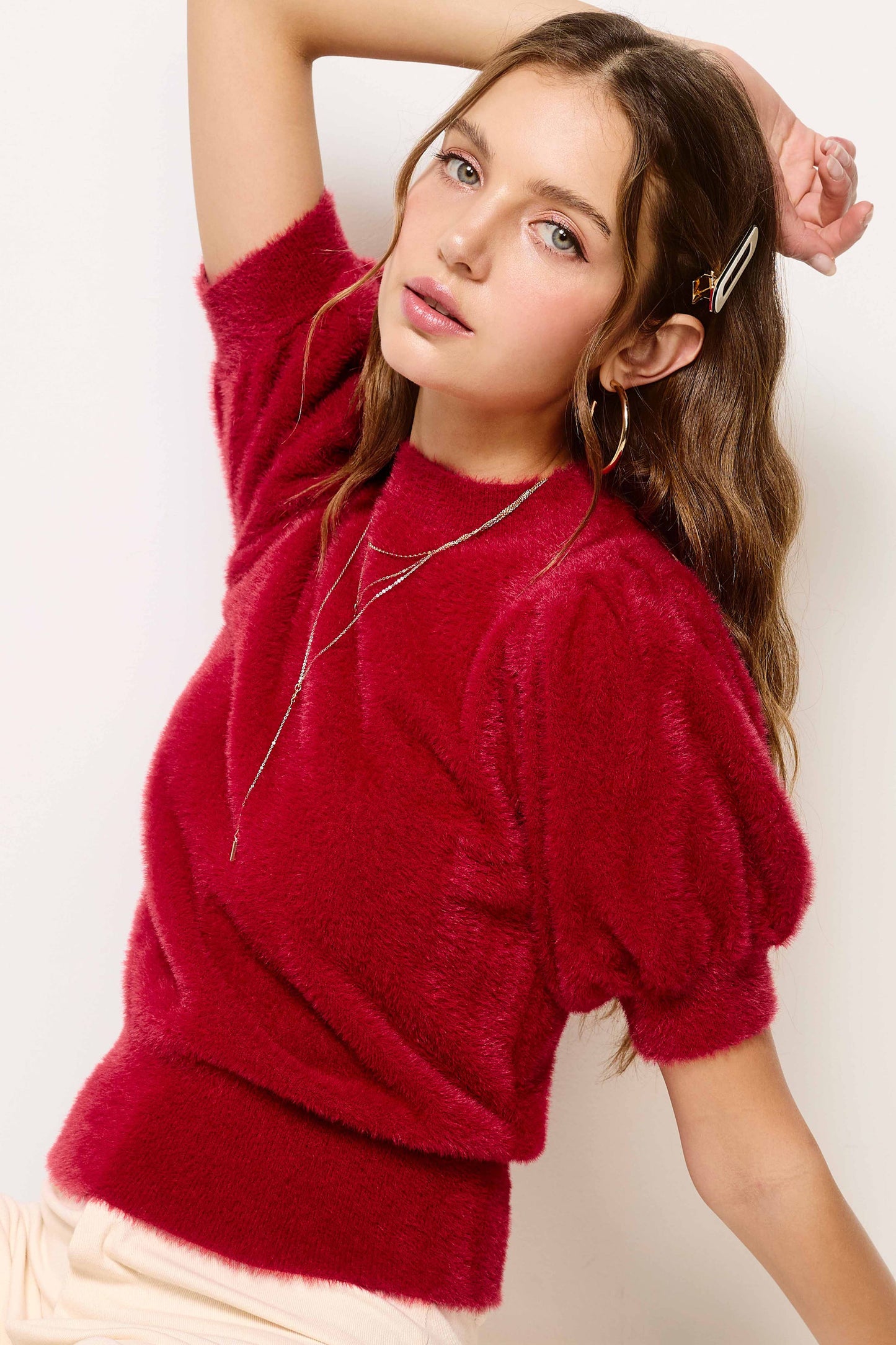 Soft Mohair Puff Short Sleeve Knit Top JCS3554