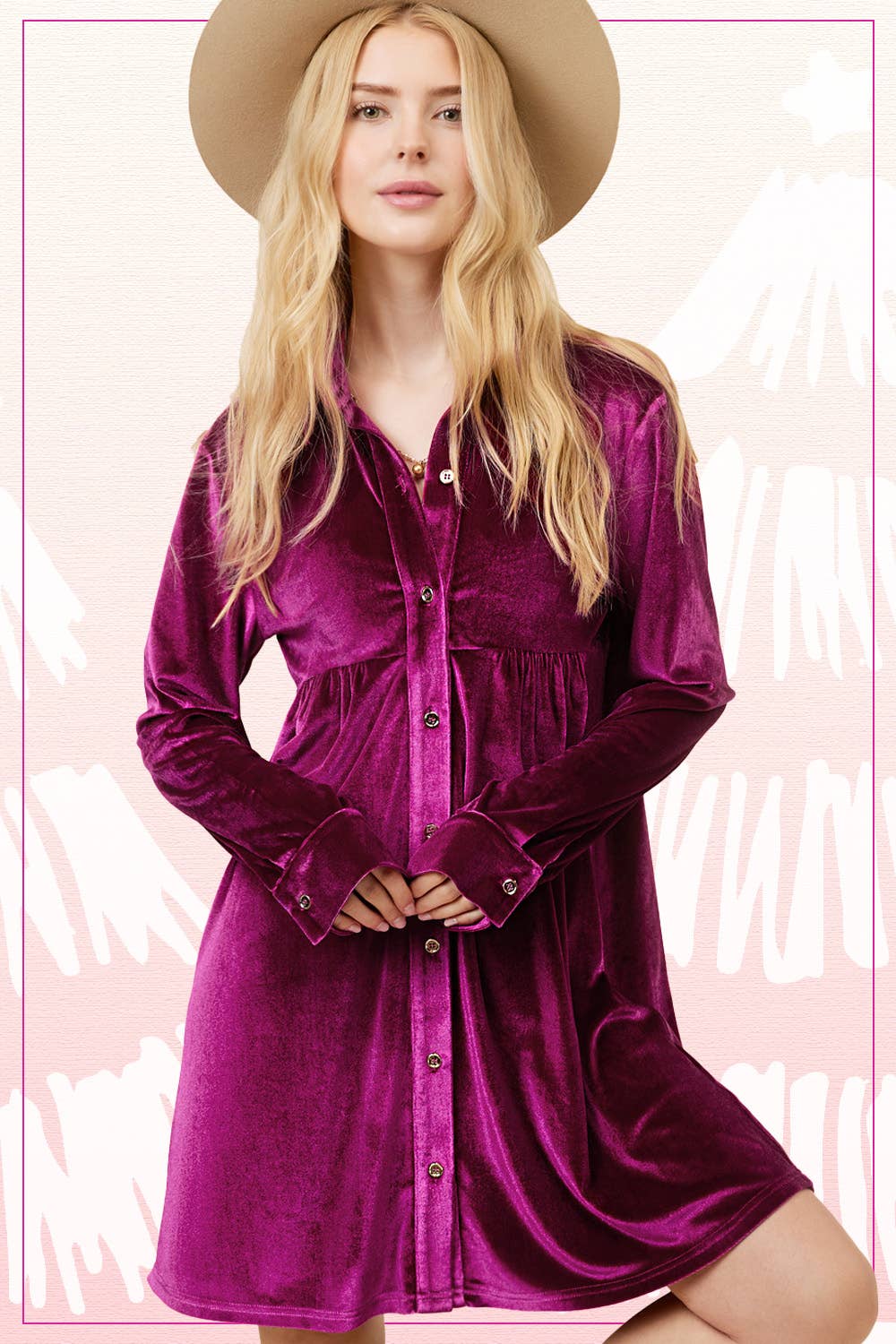 HCD9315-Soft Velvety Button Down Collar Dress