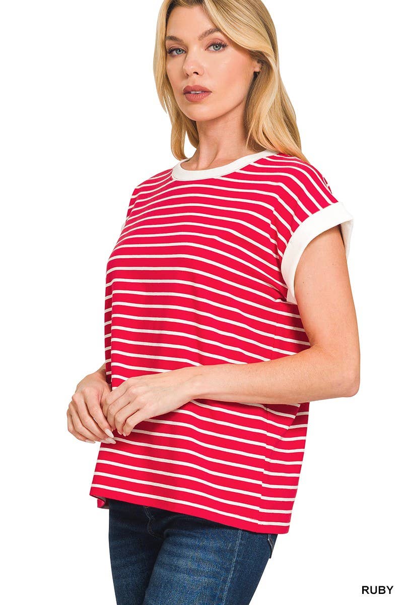 3534 Contrast Trim Cap Sleeve Stripe Tee CT-3543Y