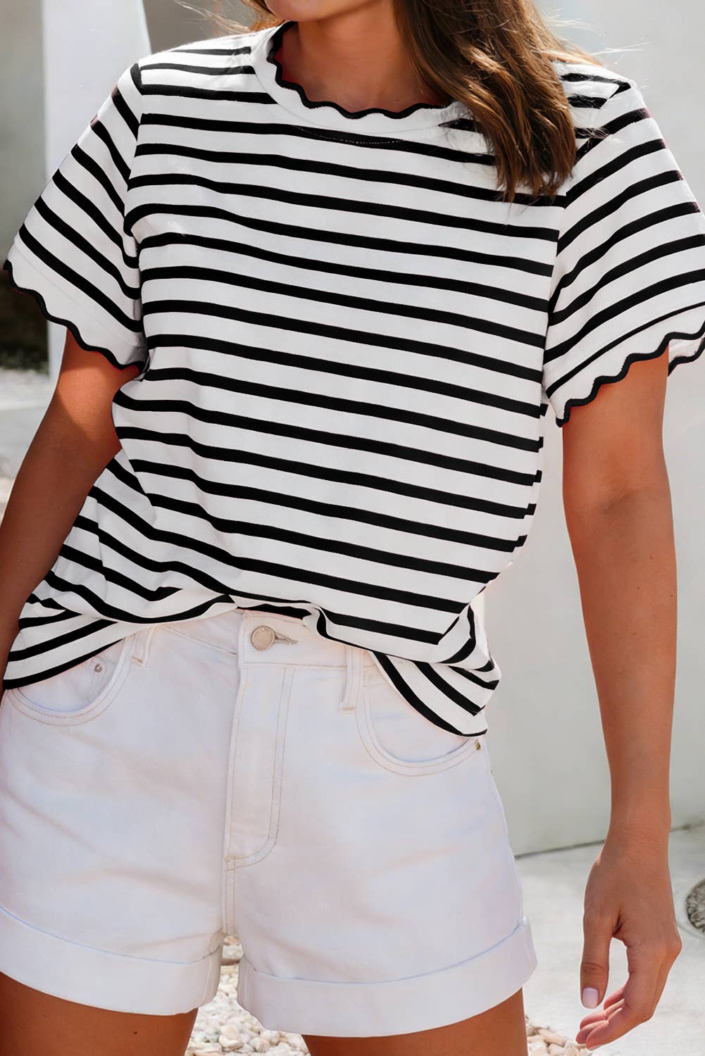 Shirts Women’s LDC Spring Scalloped Trim Round Neck Stripe T Shirt P219 P319
