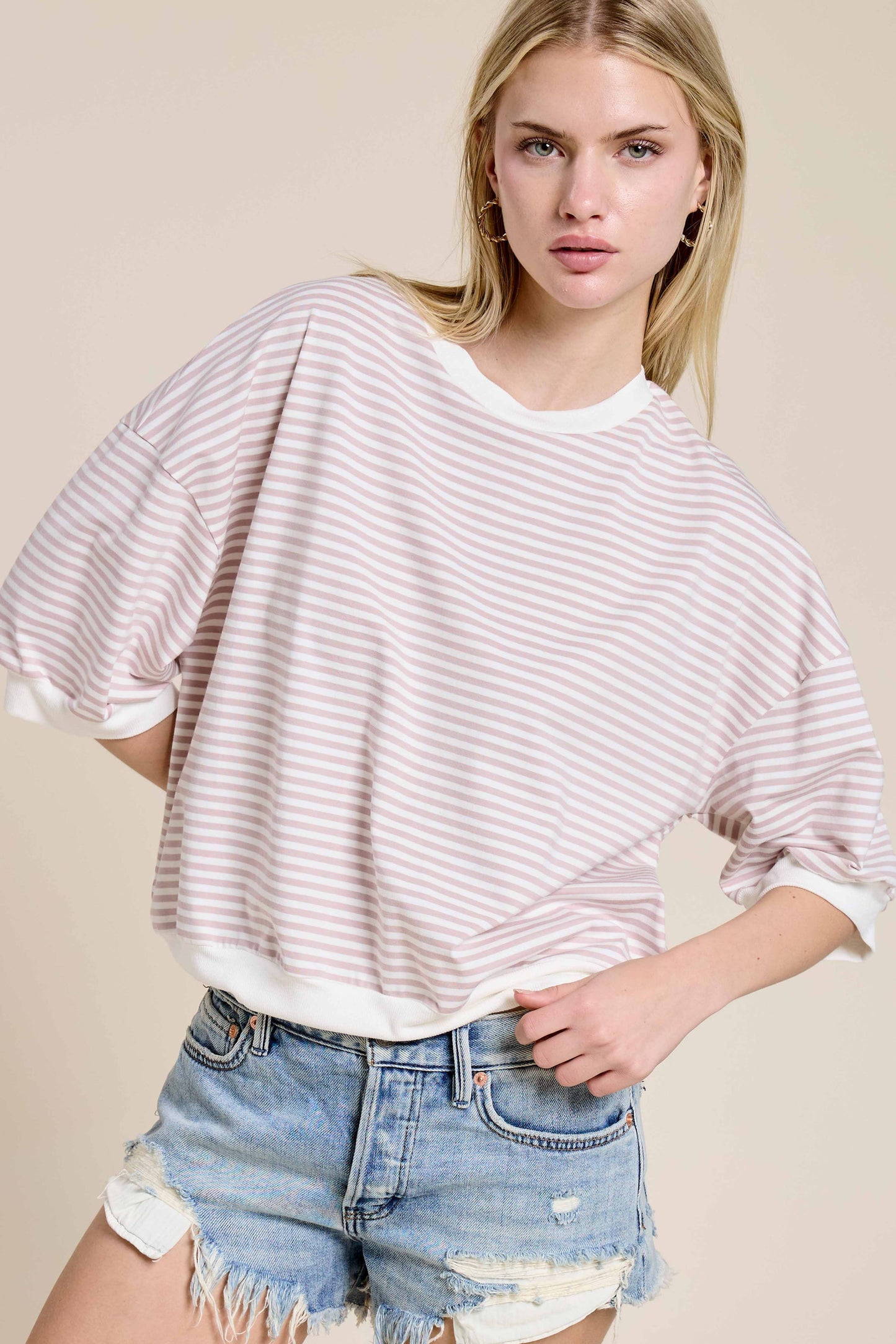 Shits Women’s Loose Fit Striped Short Sleeve Crew Neckline Top MCT7688