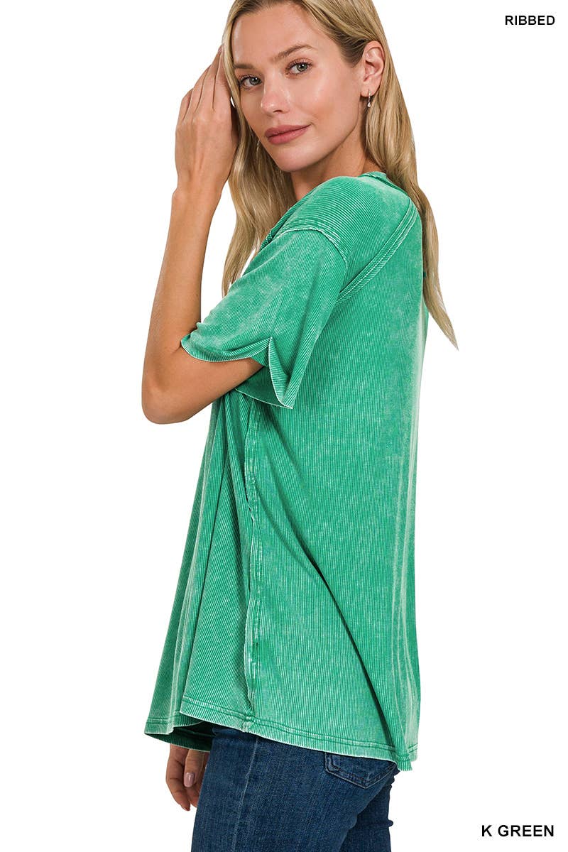 Washed Ribbed Short Sleeve Boat-neck Top 8393a