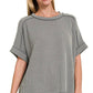 8451 Textured Line Short Cuff Sleeve Raw Edge Top