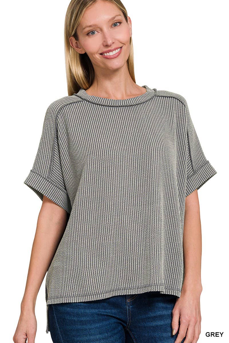 8451 Textured Line Short Cuff Sleeve Raw Edge Top