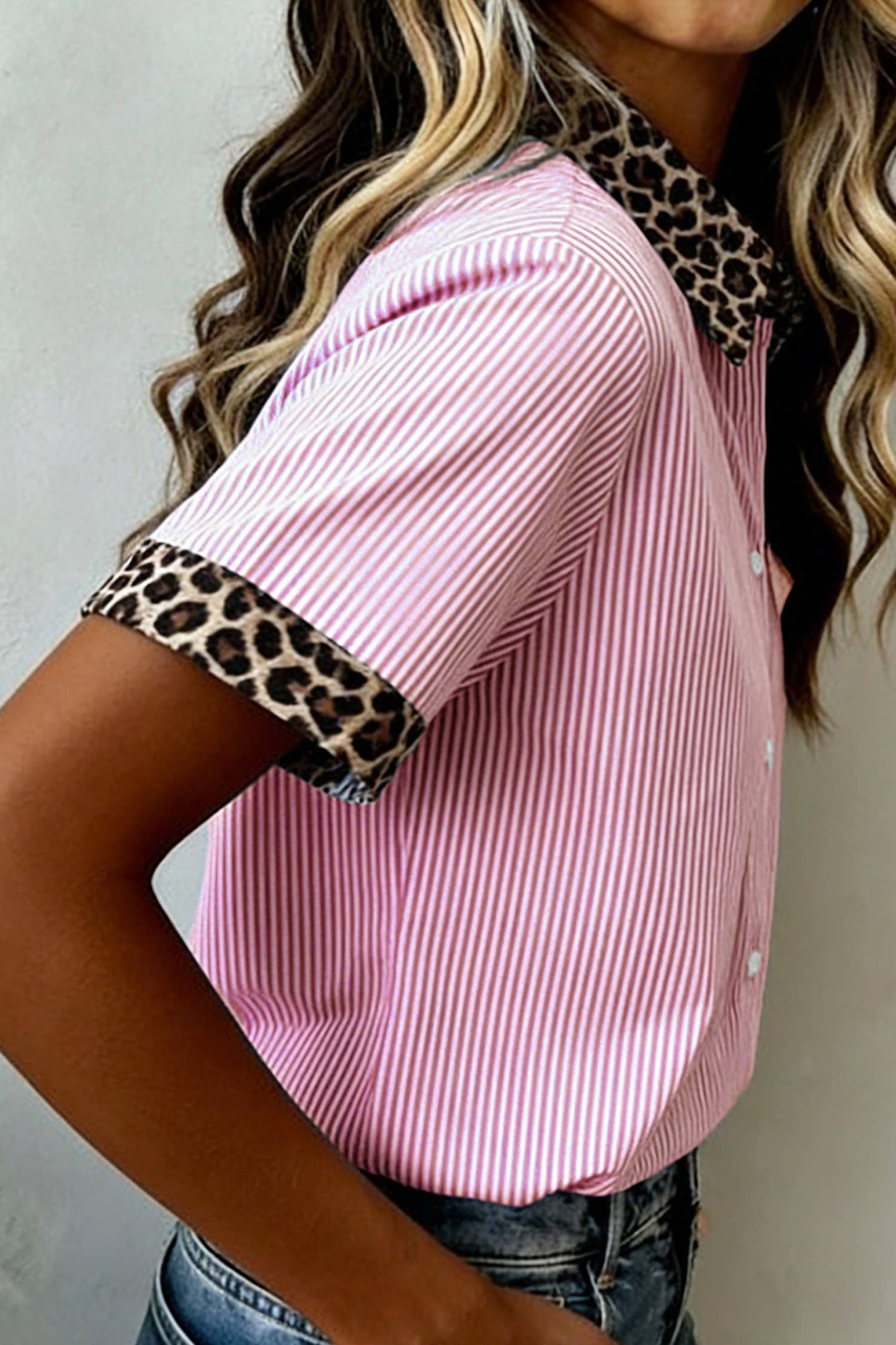 Shirts Women’s Leopard Trim Striped Button-Down Short Sleeve Shirt P-419
