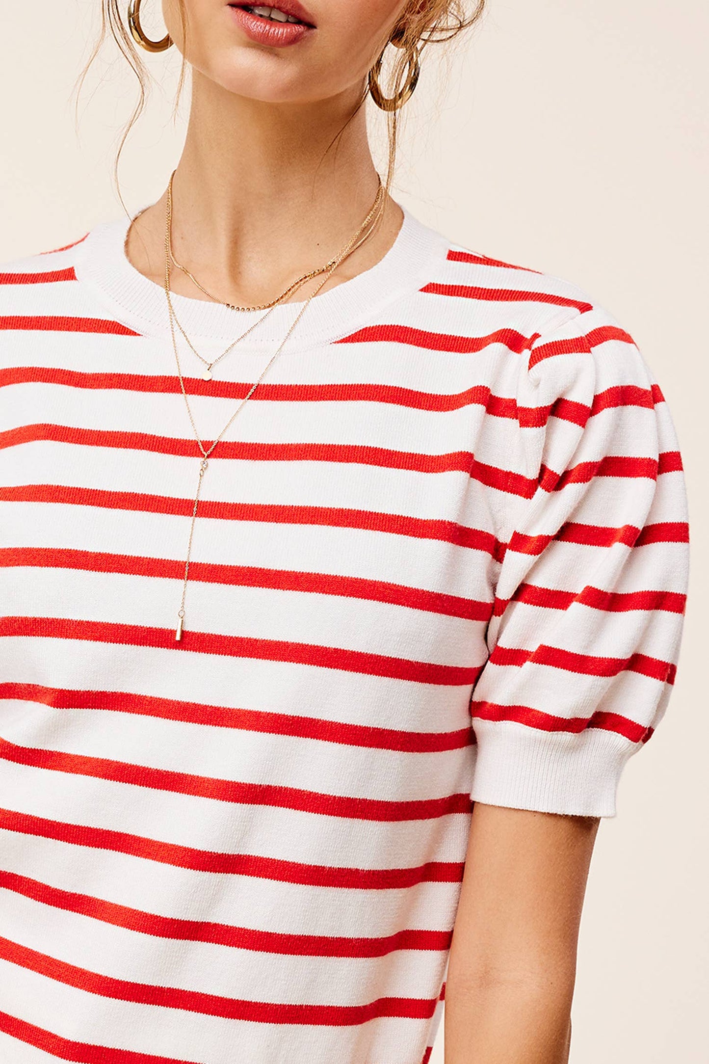 Shirts Women’s Lightweight Puff Short Sleeve Stripe Knit Top JCS3562
