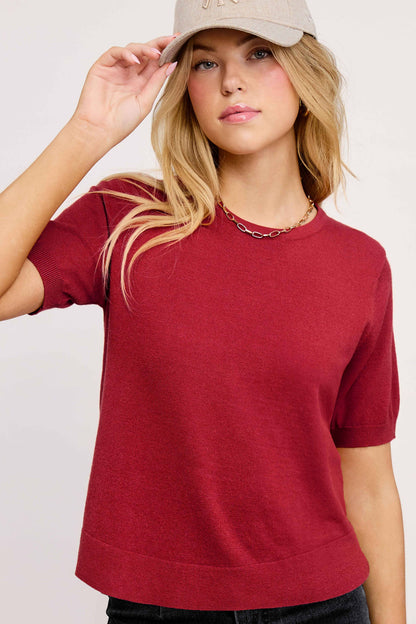 Soft Short Puffy Sleeve Basic Stretchy Knit Top MCS3600