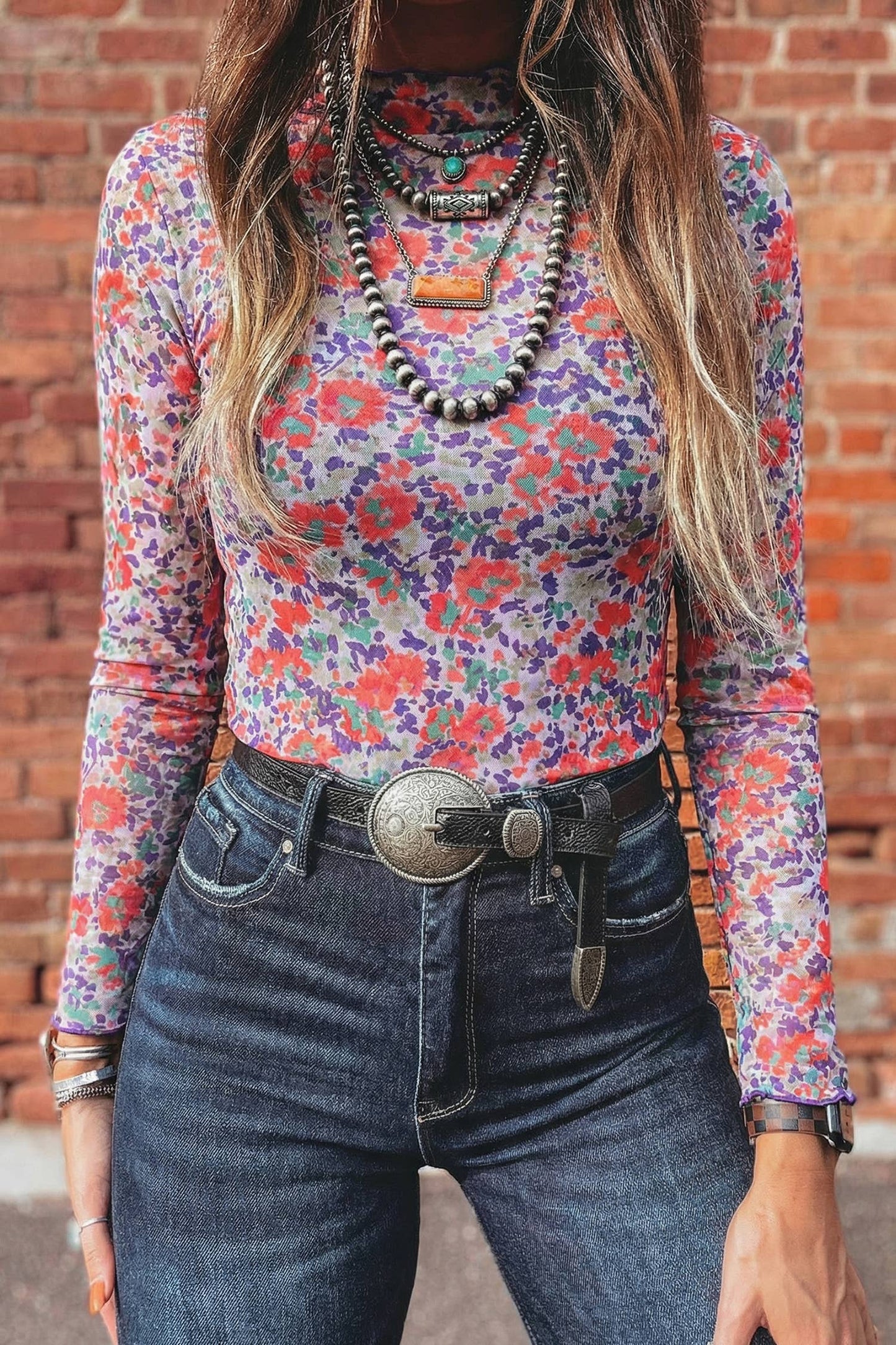 Shirts Women’s Floral Western Mesh Mock Neck Sheer Slim Fit Blouse P1015