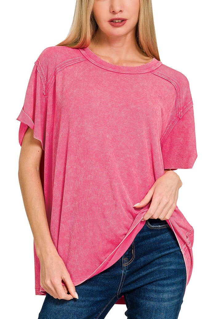 Washed Ribbed Short Sleeve Boat-neck Top 8393a