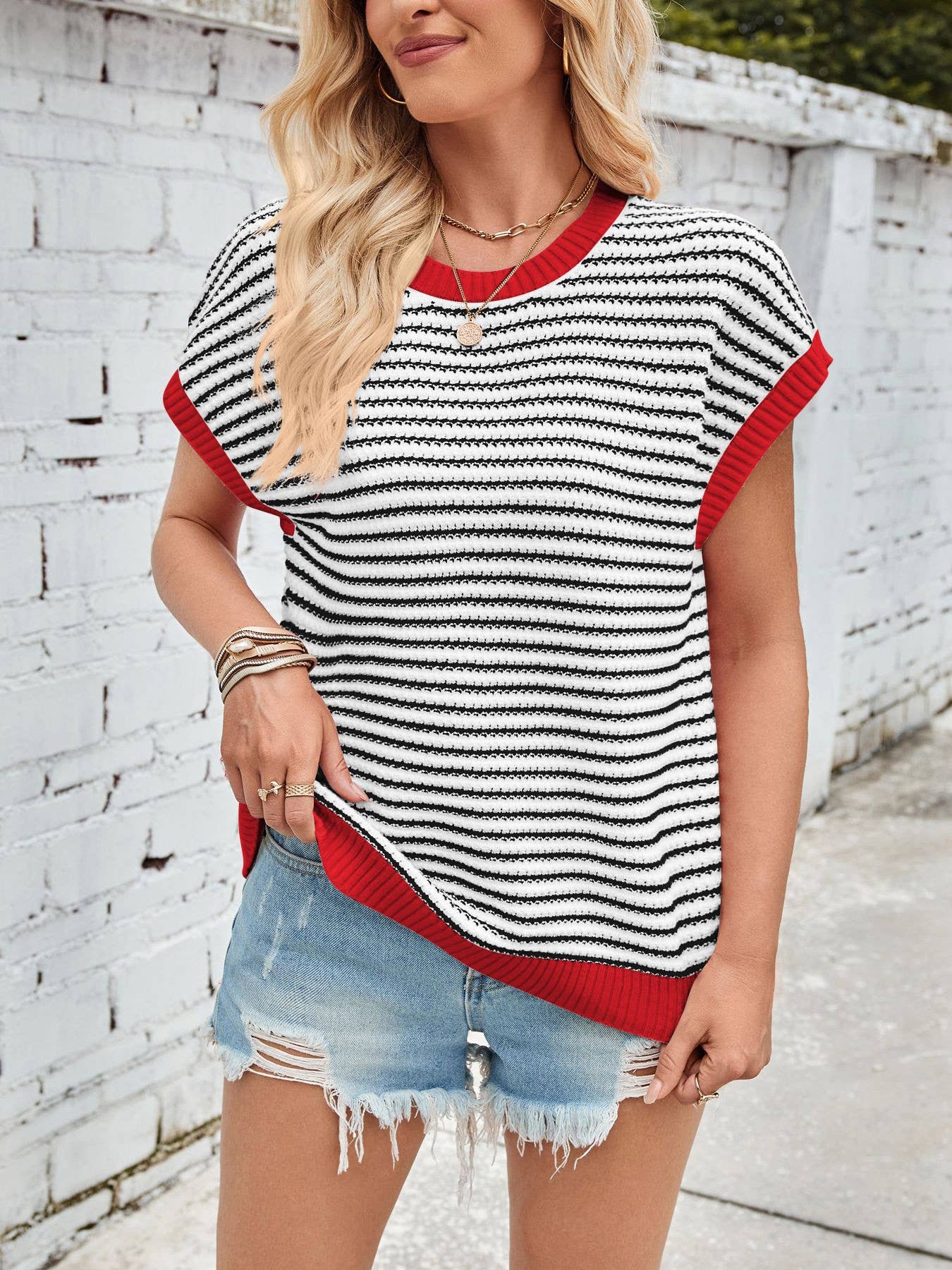 Knit Striped Batwing Sleeve Sweater SW1275