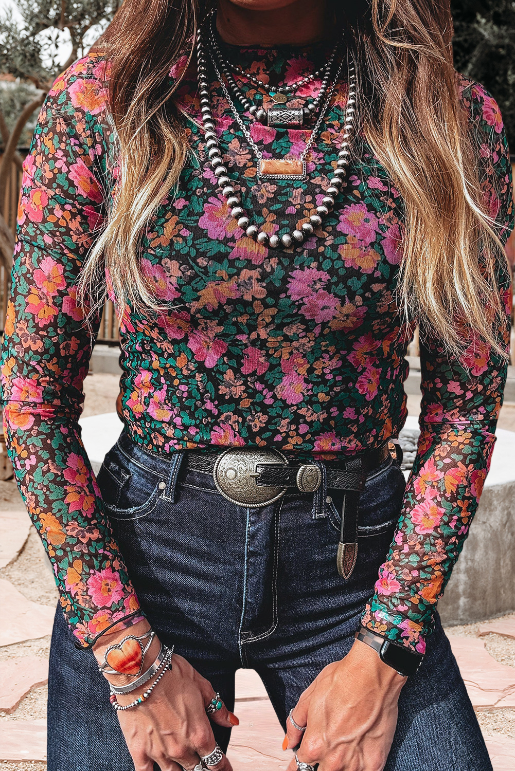 Shirts Women’s Floral Western Mesh Mock Neck Sheer Slim Fit Blouse P1015