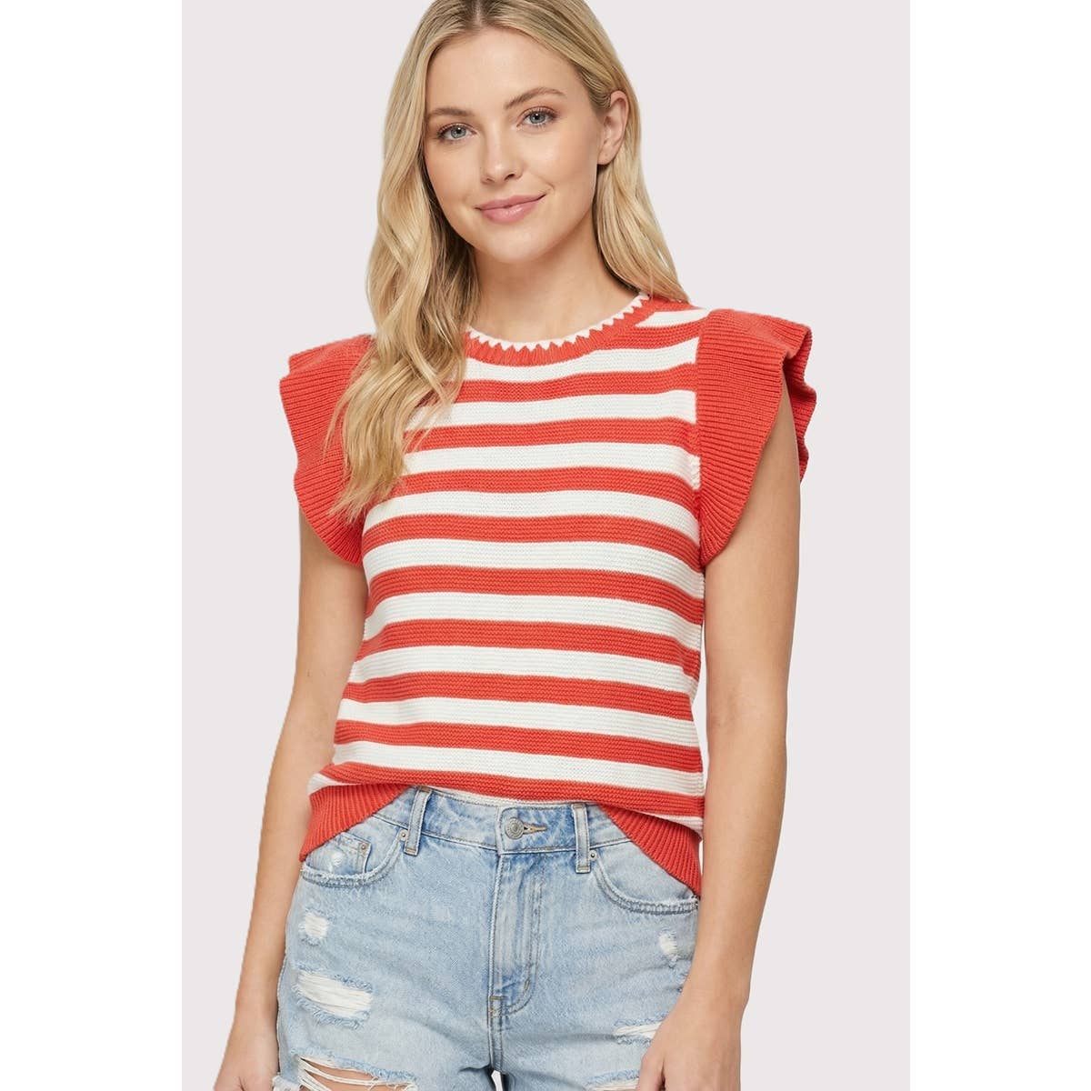 Outerwear Women’s STRIPED RUFFLE SLEEVE SWEATER 55950