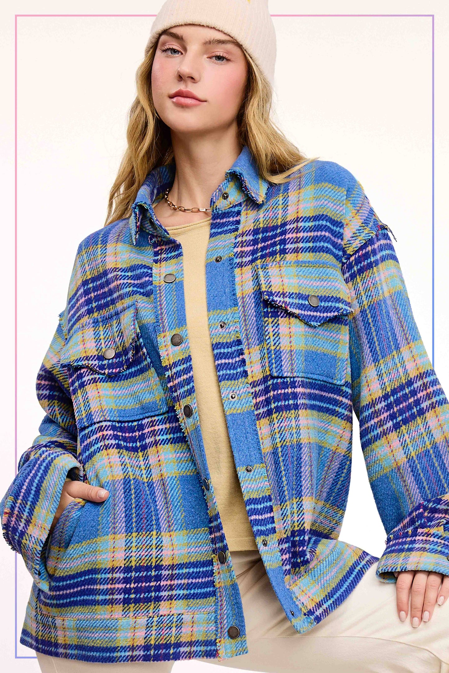 Outerwear Loose Fit Plaid Button Down Shacket with  Pockets JKT1797