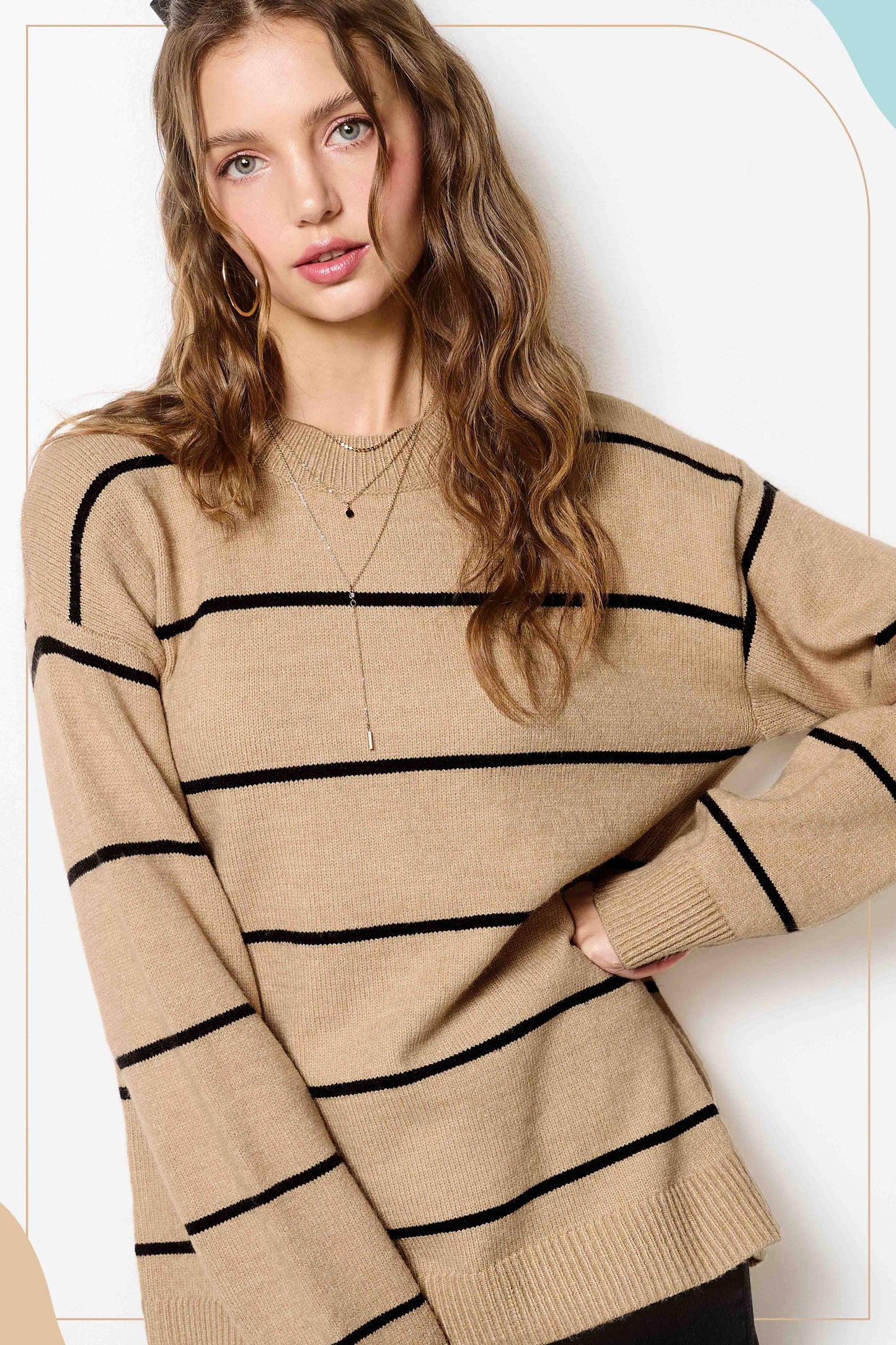 Outerwear Loose Fit Stripe Long Sleeve Crewneck Sweater HCS3553