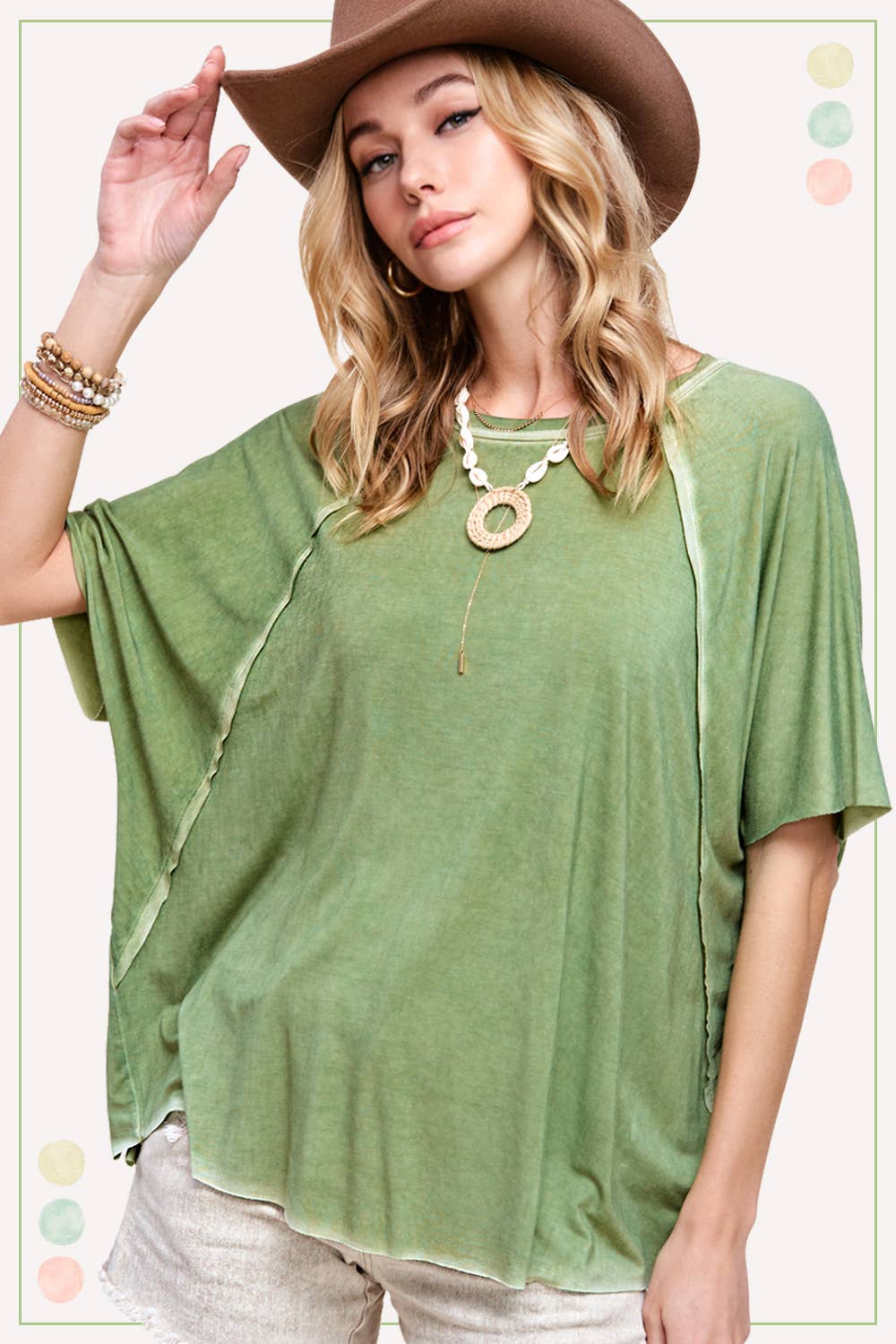 HBT7653 Dyed Fabric Round Neck Batwing Short Sleeve Women’s Shirts