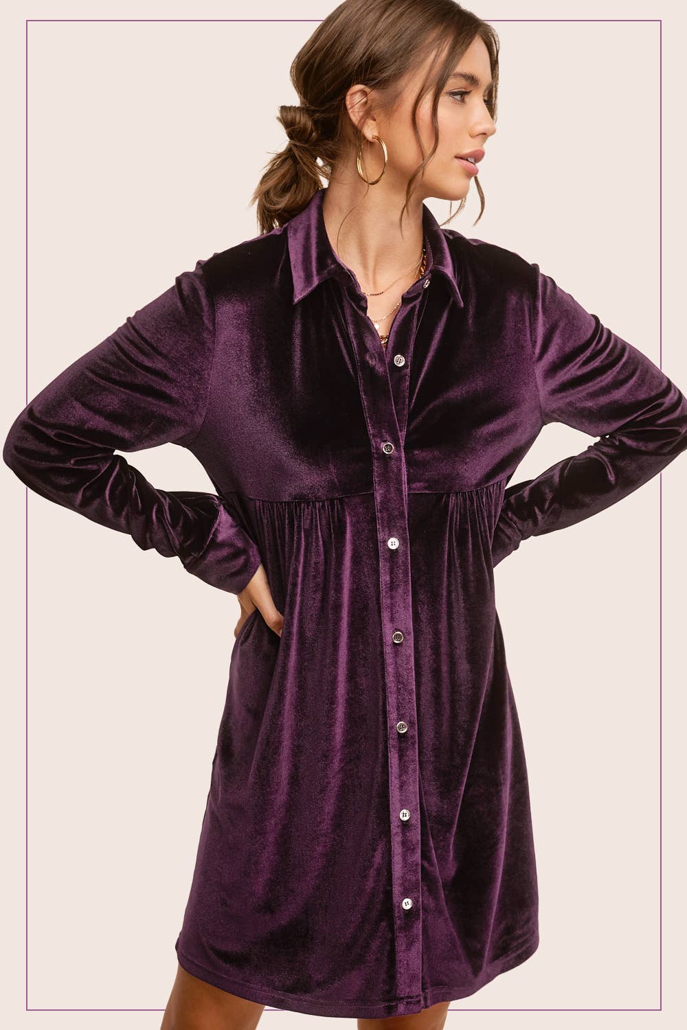 HCD9315-Soft Velvety Button Down Collar Dress