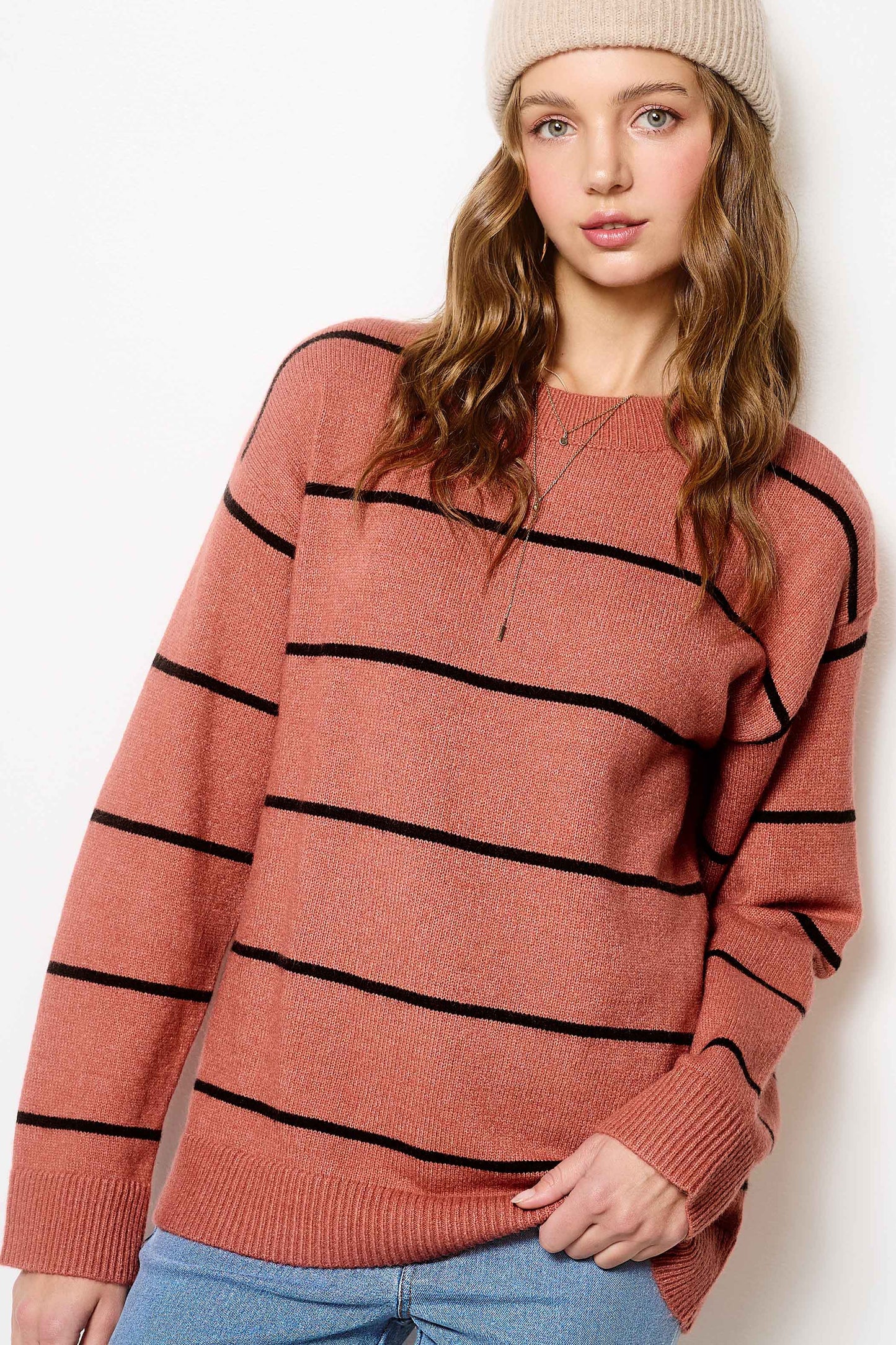 Outerwear Loose Fit Stripe Long Sleeve Crewneck Sweater HCS3553