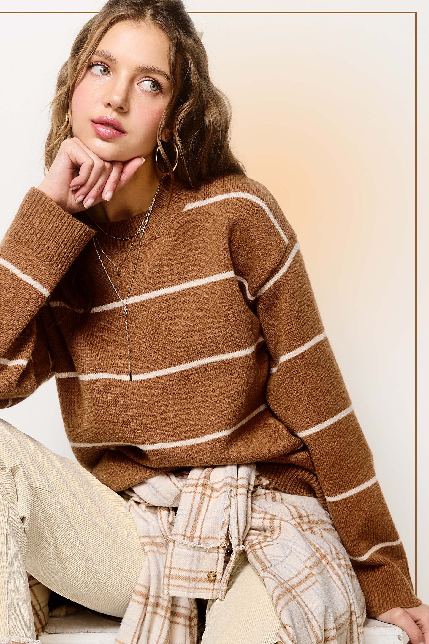 Outerwear Loose Fit Stripe Long Sleeve Crewneck Sweater HCS3553