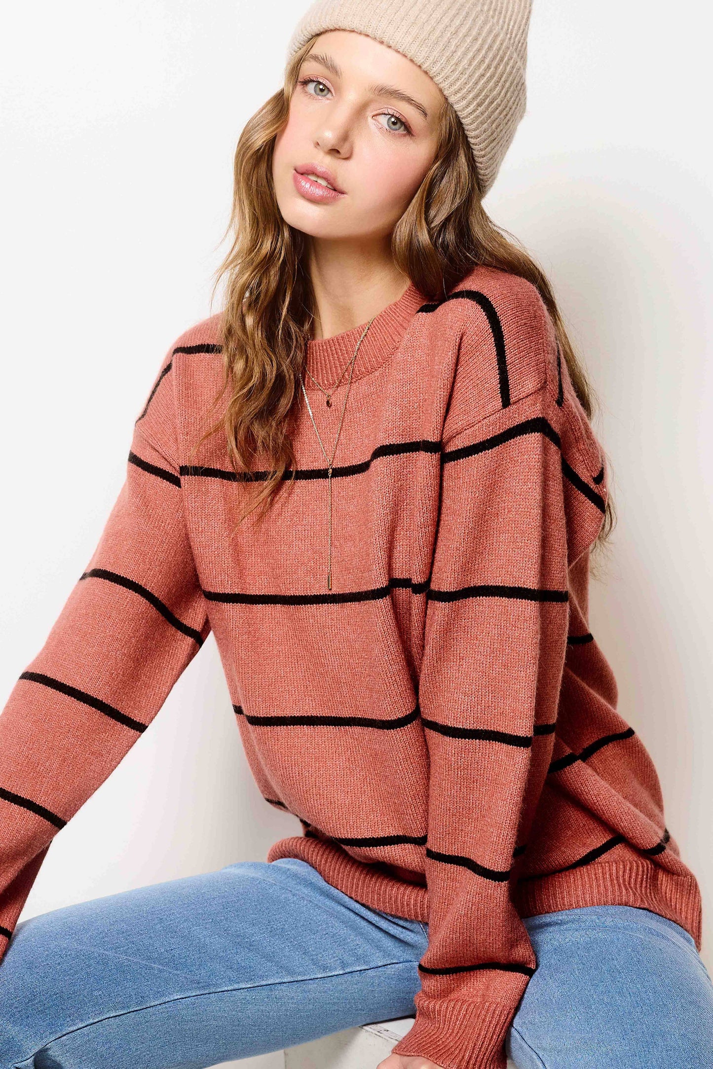 Outerwear Loose Fit Stripe Long Sleeve Crewneck Sweater HCS3553