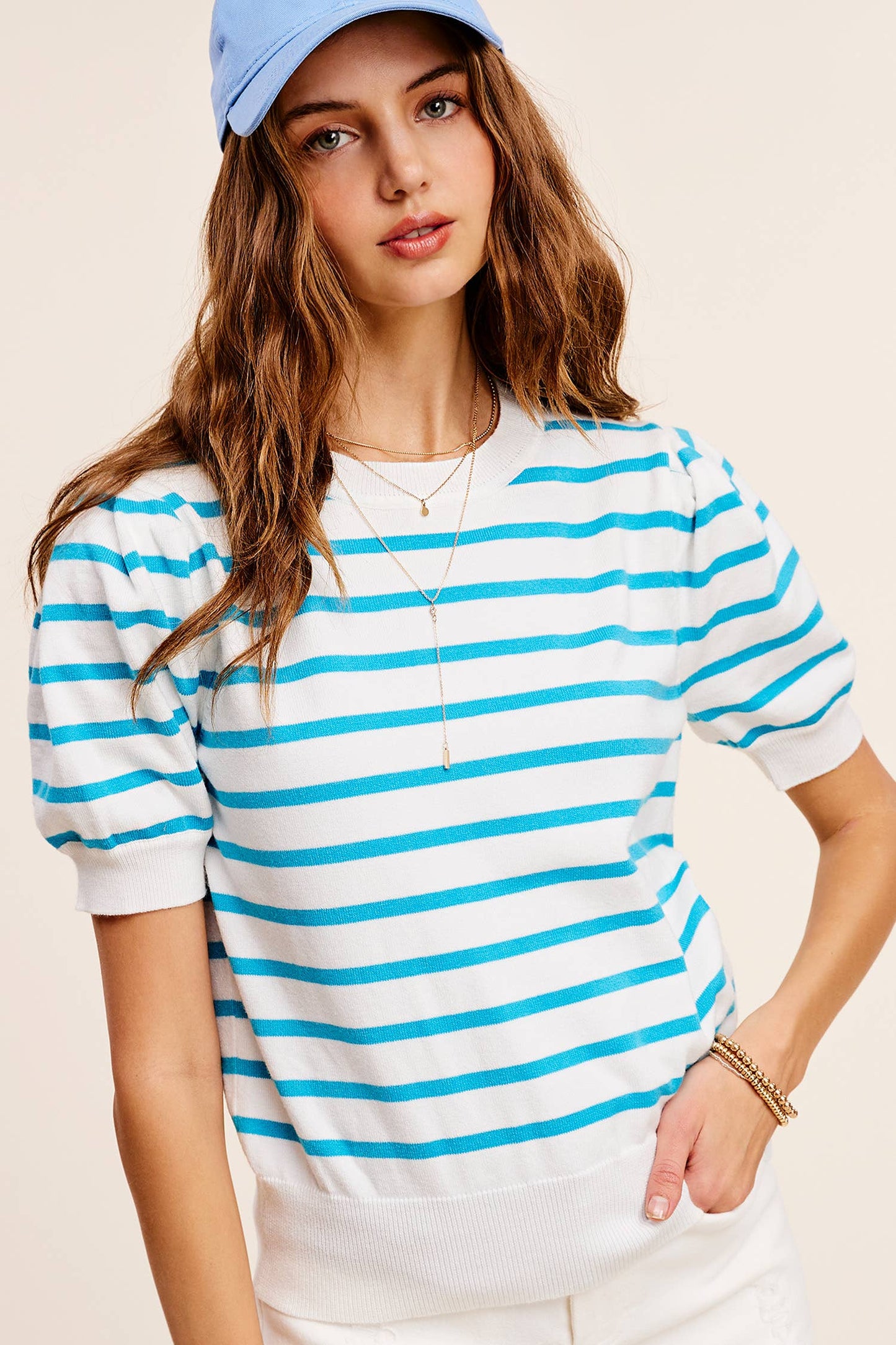 Shirts Women’s Lightweight Puff Short Sleeve Stripe Knit Top JCS3562