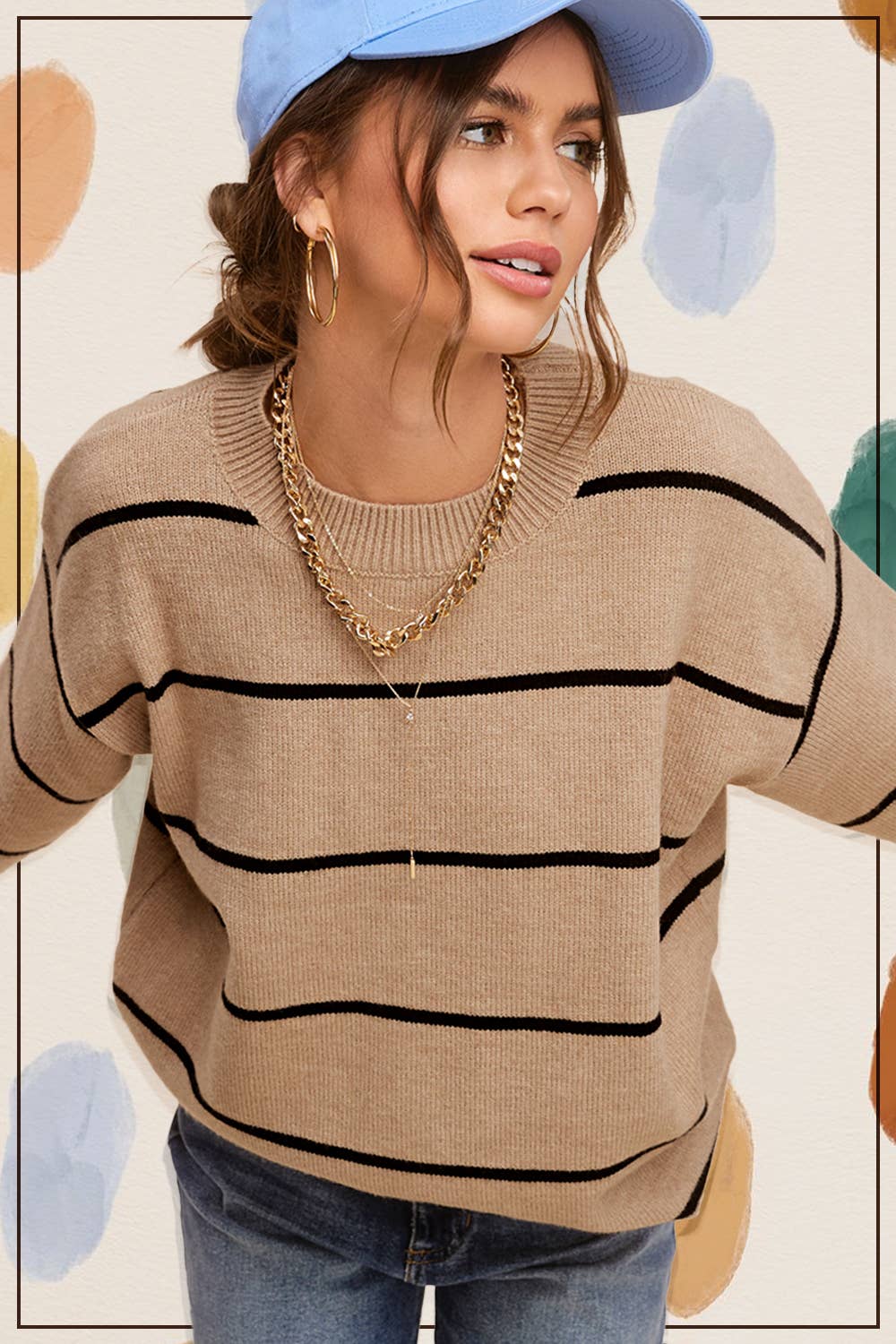 Outerwear Loose Fit Stripe Long Sleeve Crewneck Sweater HCS3553