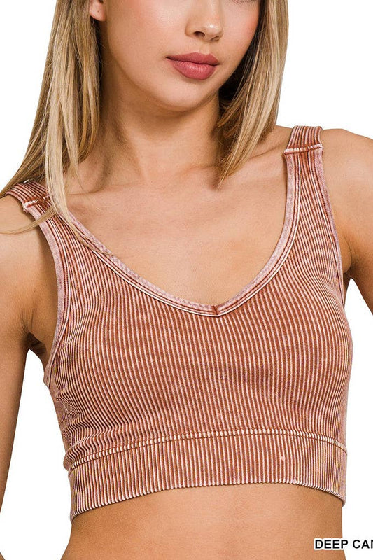Stone Washed Ribbed Bra Padded V-neck Tank Top
