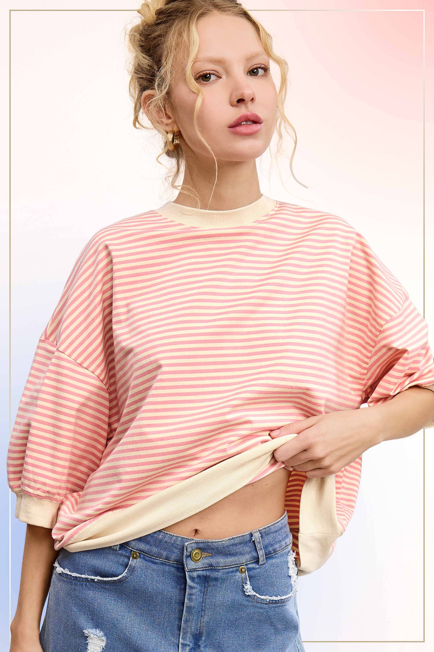 Shits Women’s Loose Fit Striped Short Sleeve Crew Neckline Top MCT7688