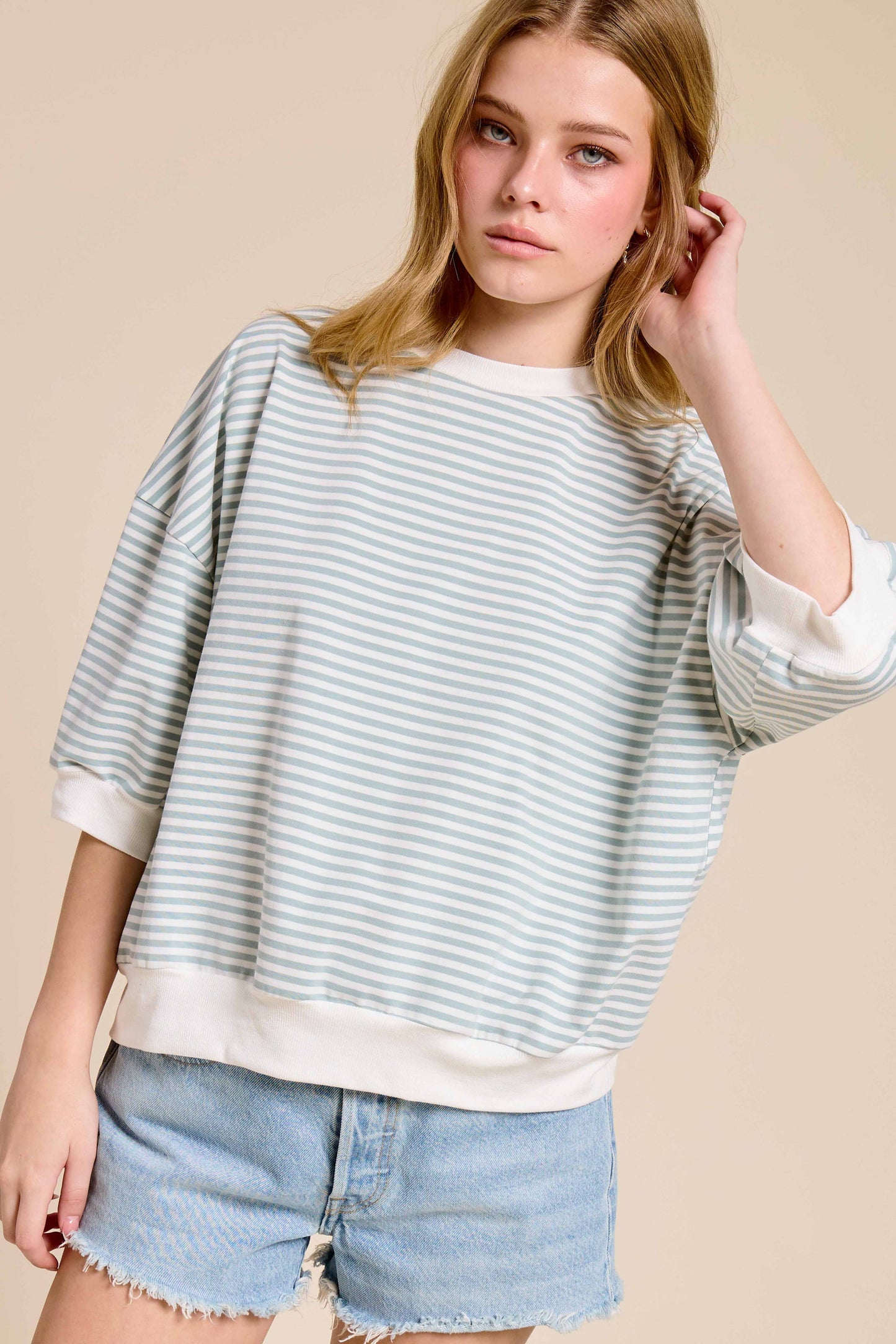 Shits Women’s Loose Fit Striped Short Sleeve Crew Neckline Top MCT7688