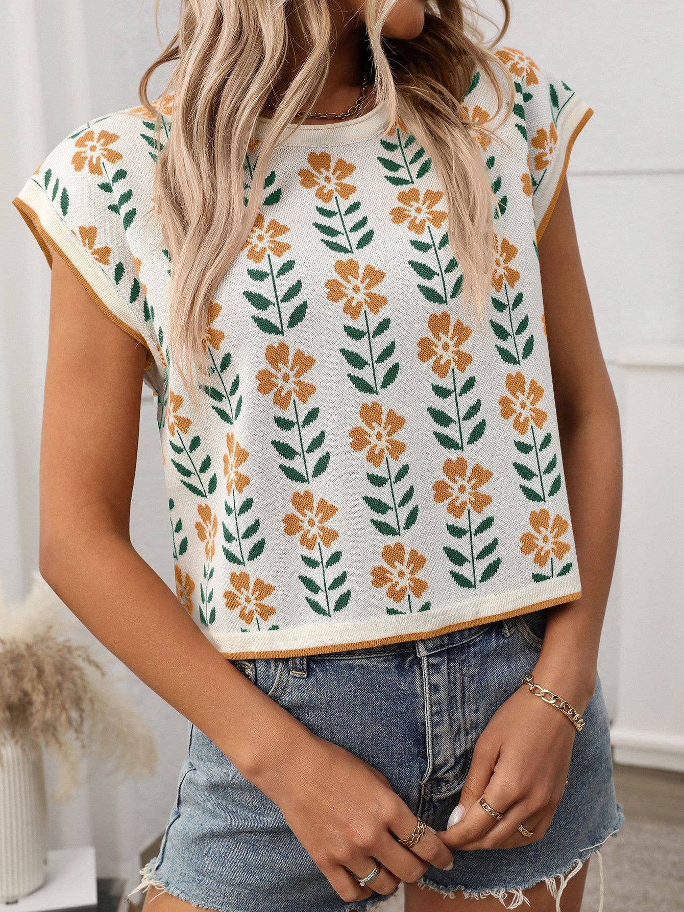 SW1325 Knit Top with Floral Detail