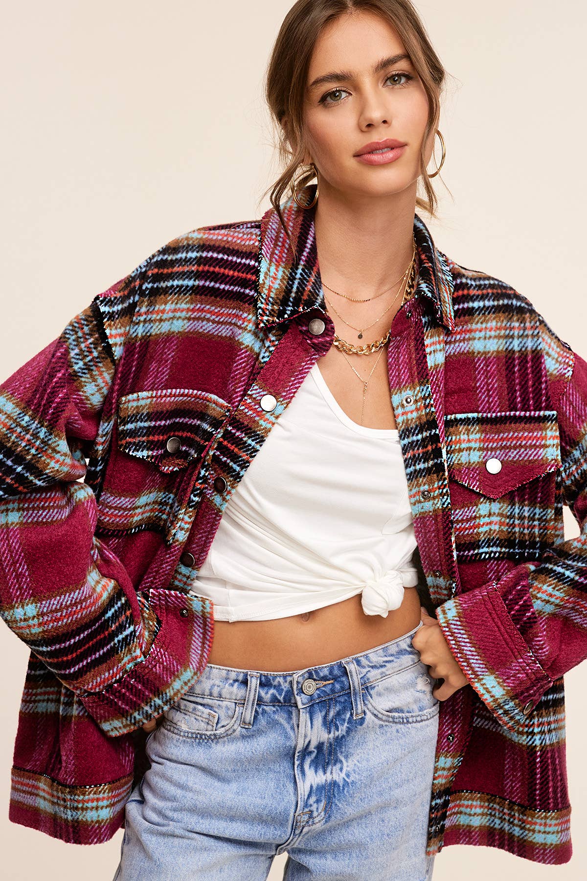 Outerwear Loose Fit Plaid Button Down Shacket with  Pockets JKT1797