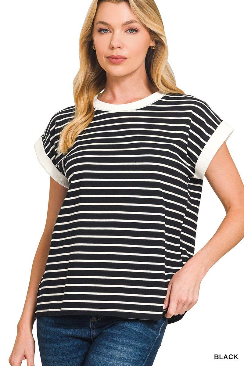 3534 Contrast Trim Cap Sleeve Stripe Tee CT-3543Y