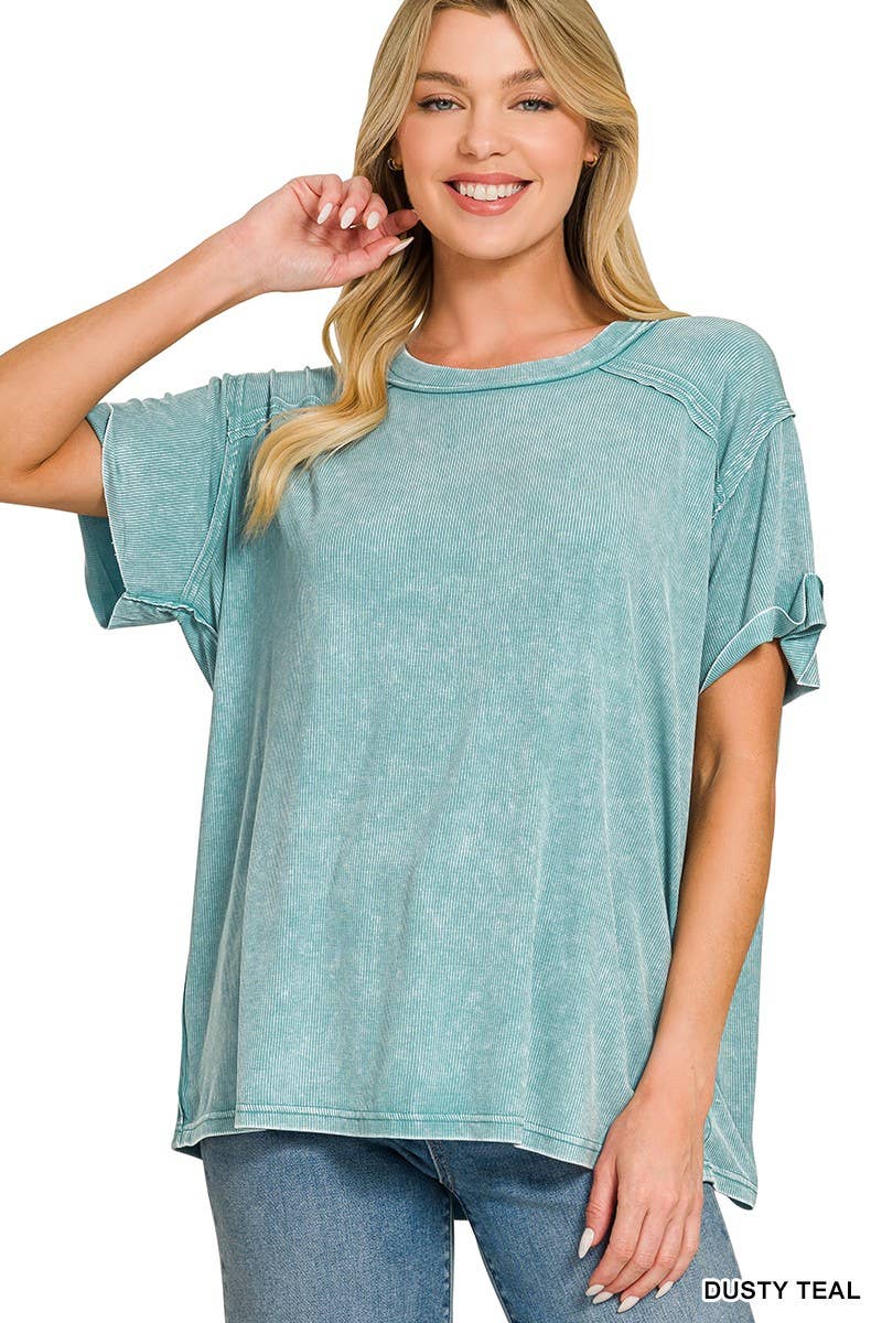 8393A Washed Ribbed Short Sleeve Boat-neck Top
