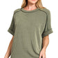 8451 Textured Line Short Cuff Sleeve Raw Edge Top