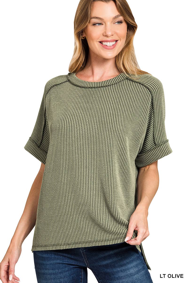 8451 Textured Line Short Cuff Sleeve Raw Edge Top
