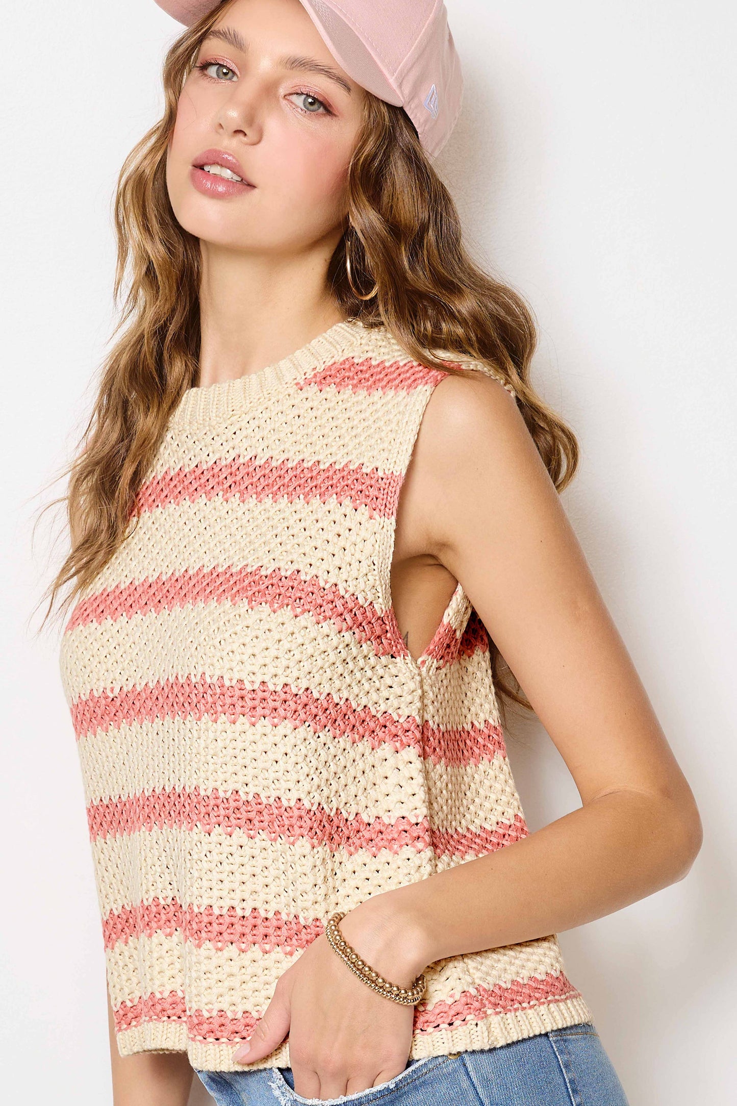MCS3584-Classic Chunky Striped Sleeveless Sweater Top
