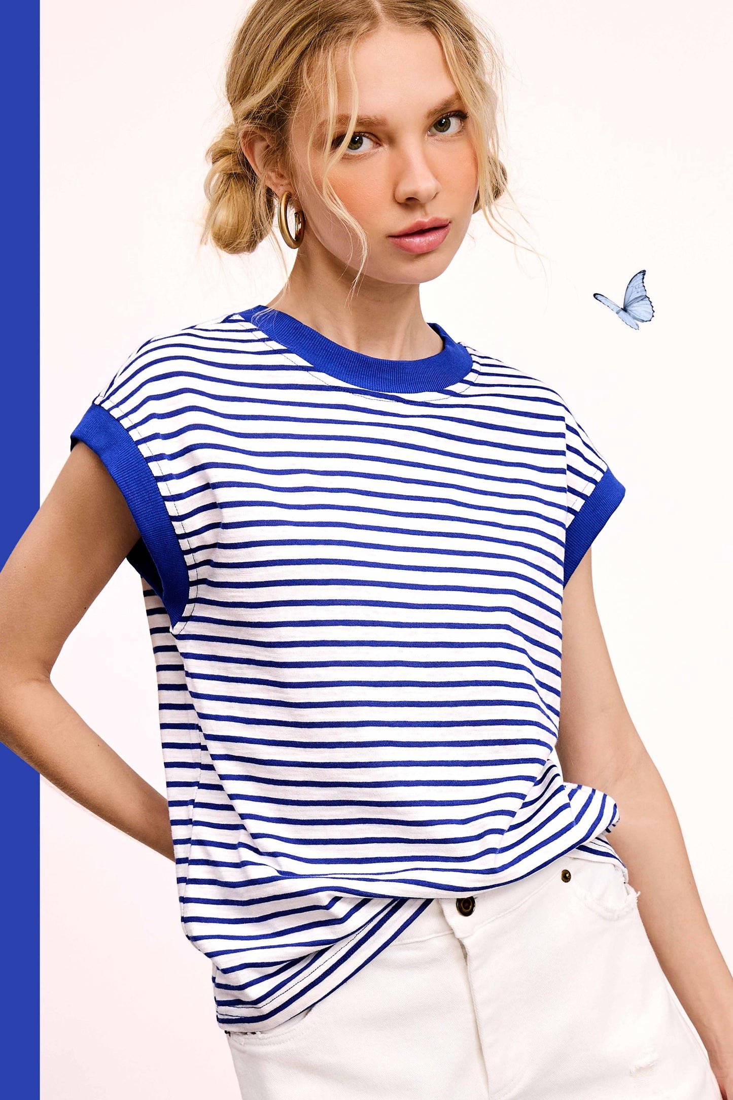 JDT7710 Shirts Women’s Nautical Cap Sleeve Striped Top 4th of july