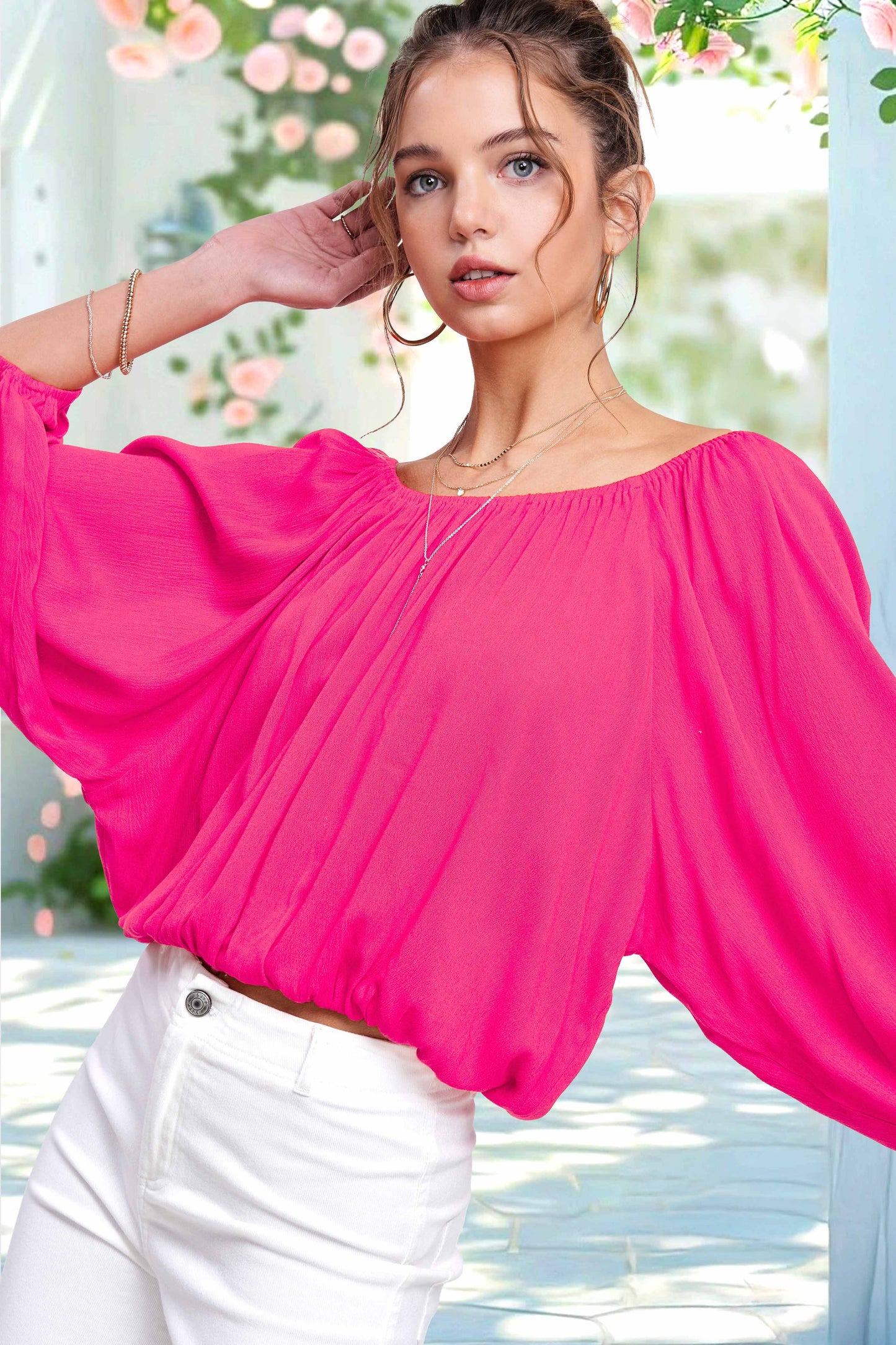 HAT7501 Breathable Fabric Off Shoulder Balloon Sleeve Top Women’s Shirts