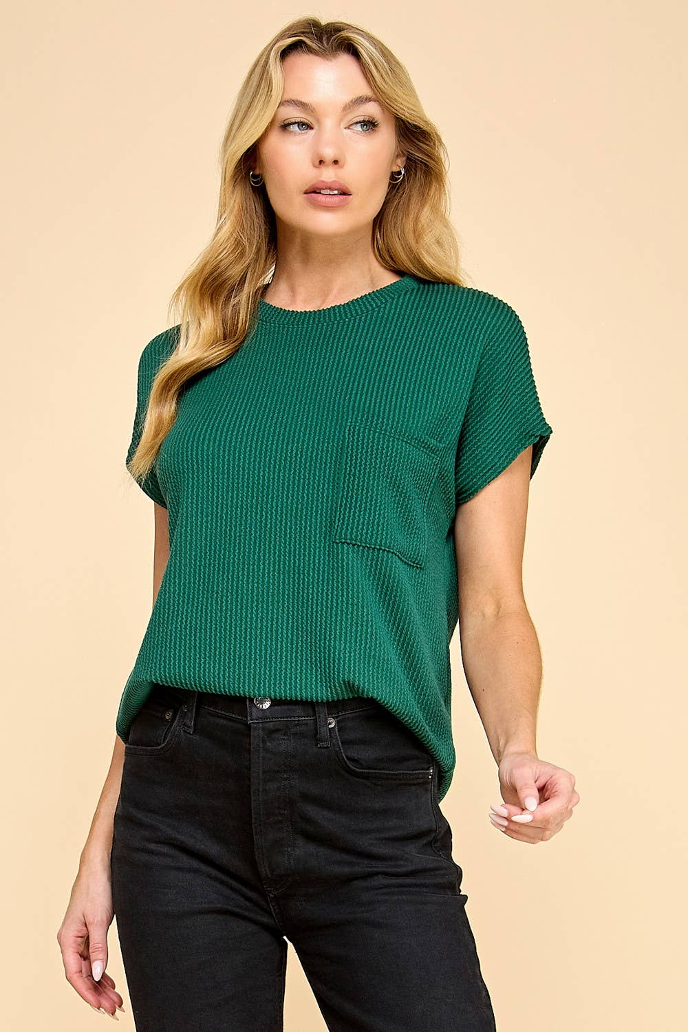 T1641 Solid Ribbed Top With Pockets L1E-T1641