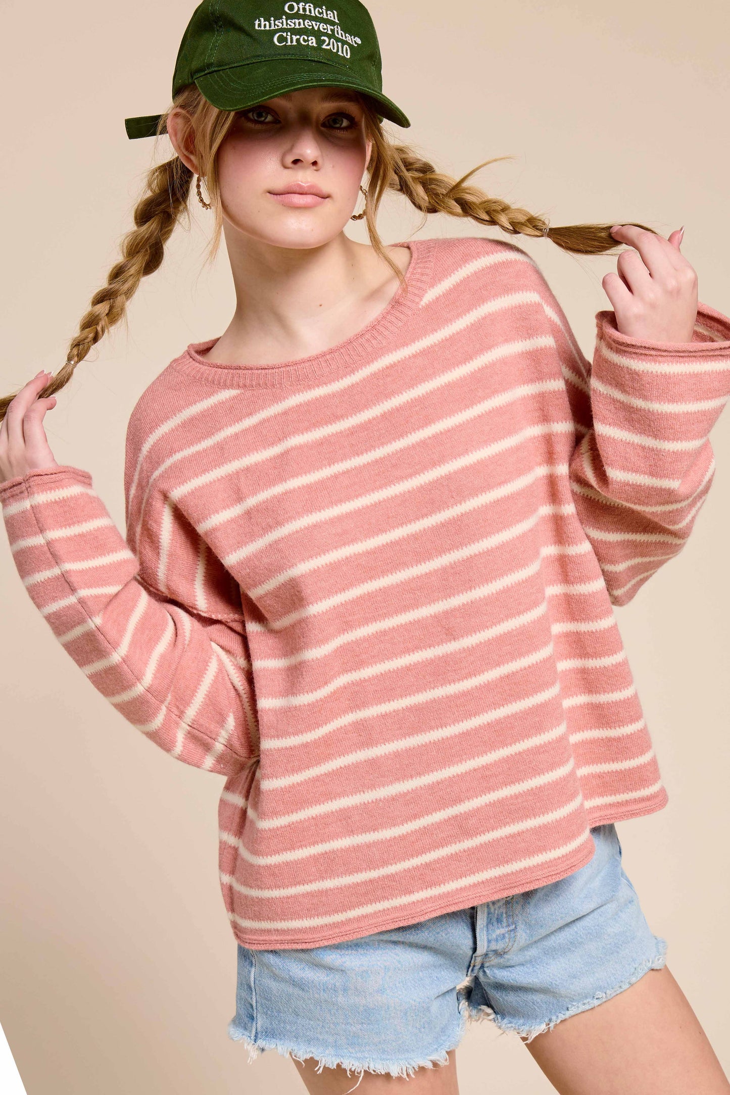 MCS3588-Striped Round Neck Loose Fit Long Sleeve Sweater