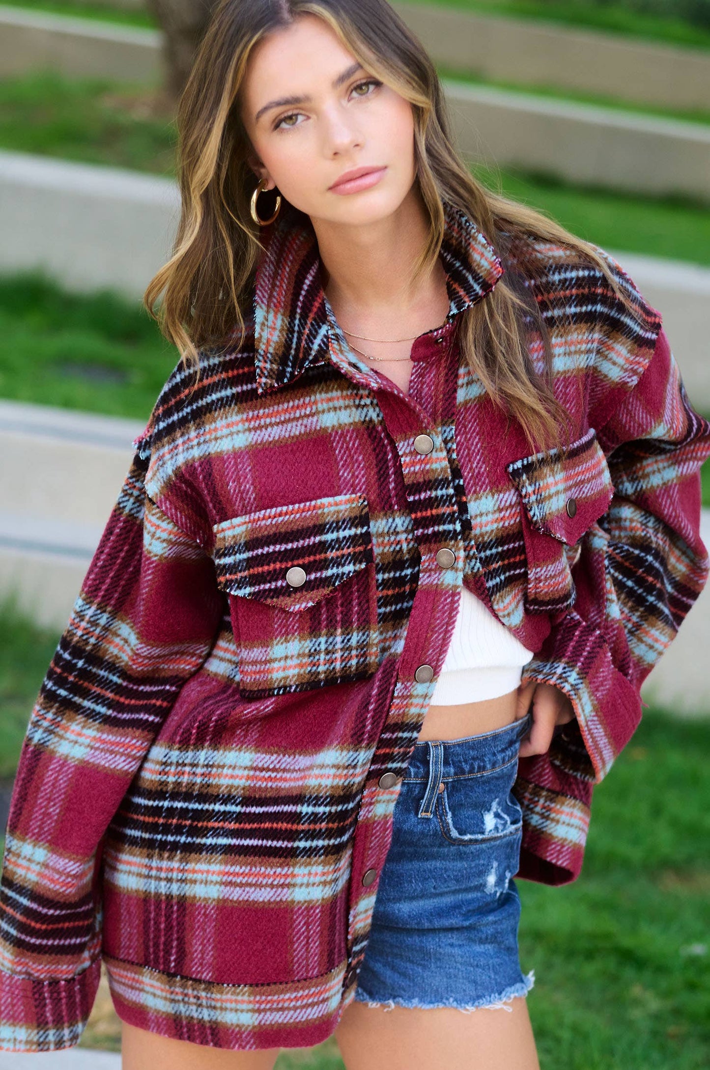 Outerwear Loose Fit Plaid Button Down Shacket with  Pockets JKT1797