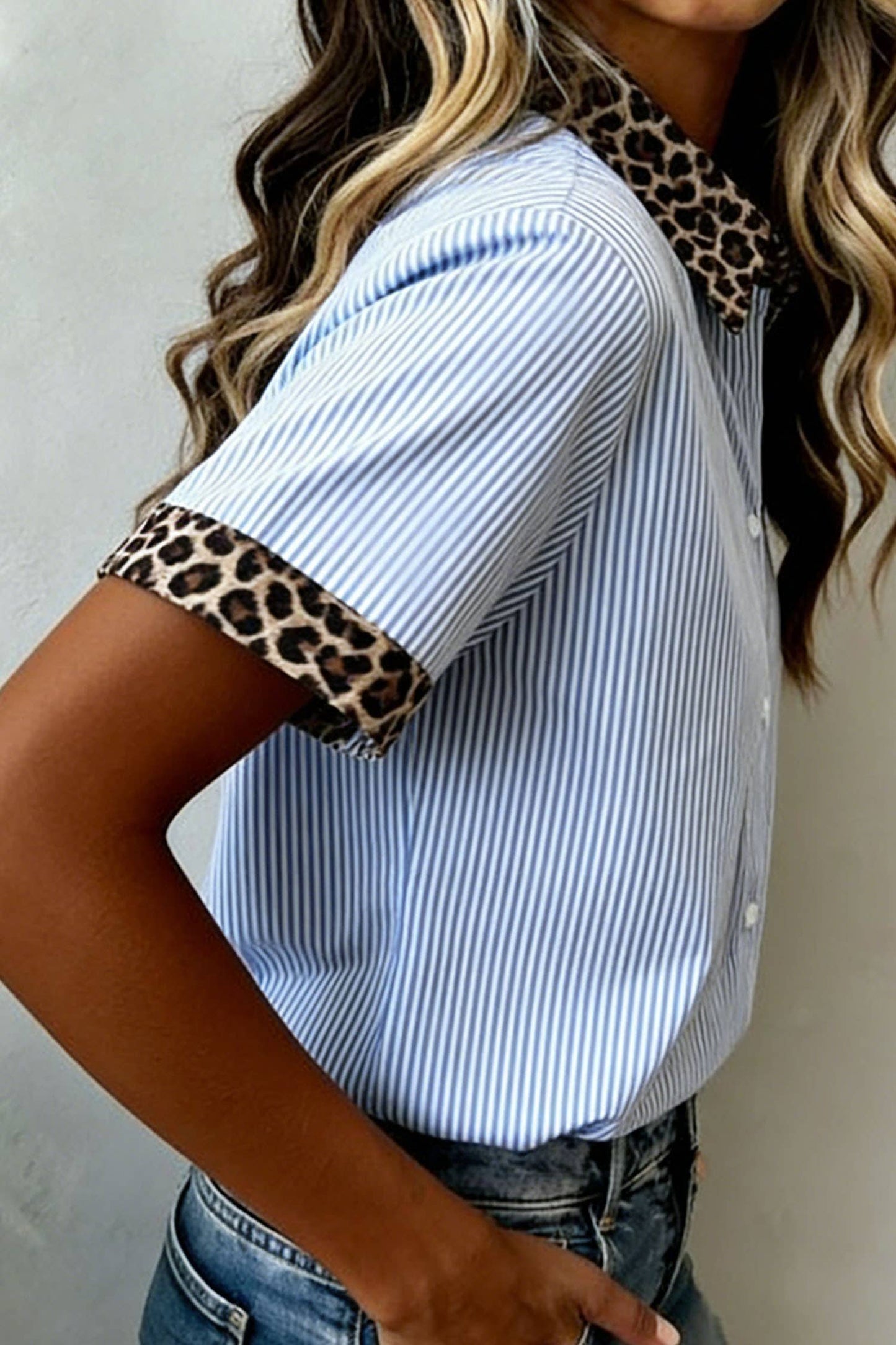 Shirts Women’s Leopard Trim Striped Button-Down Short Sleeve Shirt P-419