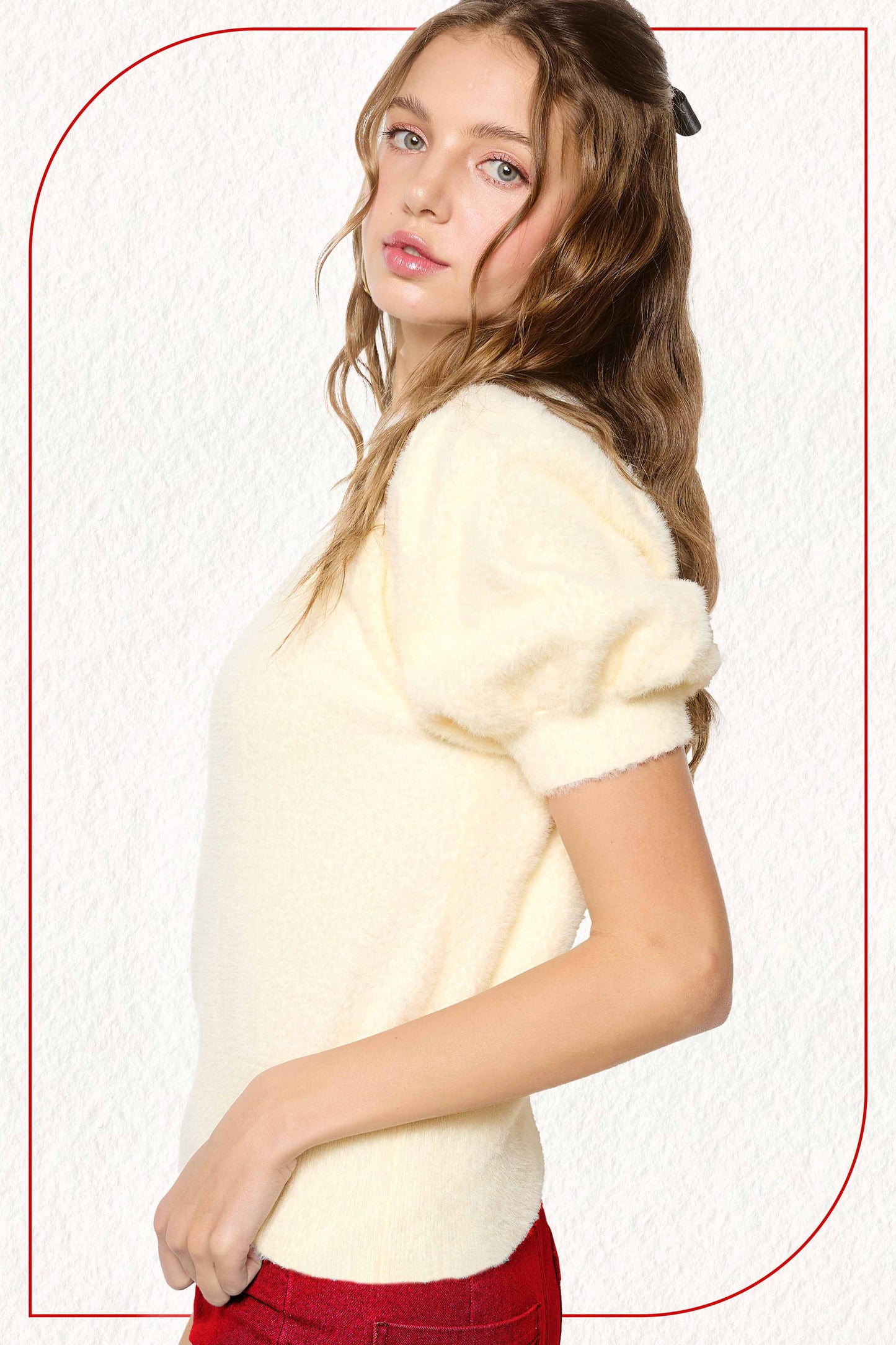 Soft Mohair Puff Short Sleeve Knit Top JCS3554