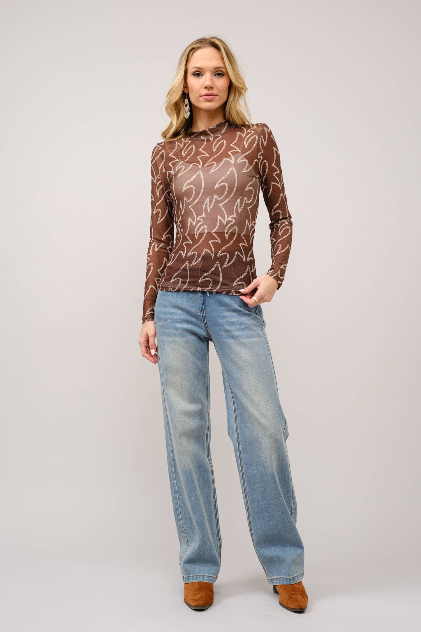 Shirts Women’s  Boots Stitch Throughout Mesh Mock Neck Fitted Top 36349T
