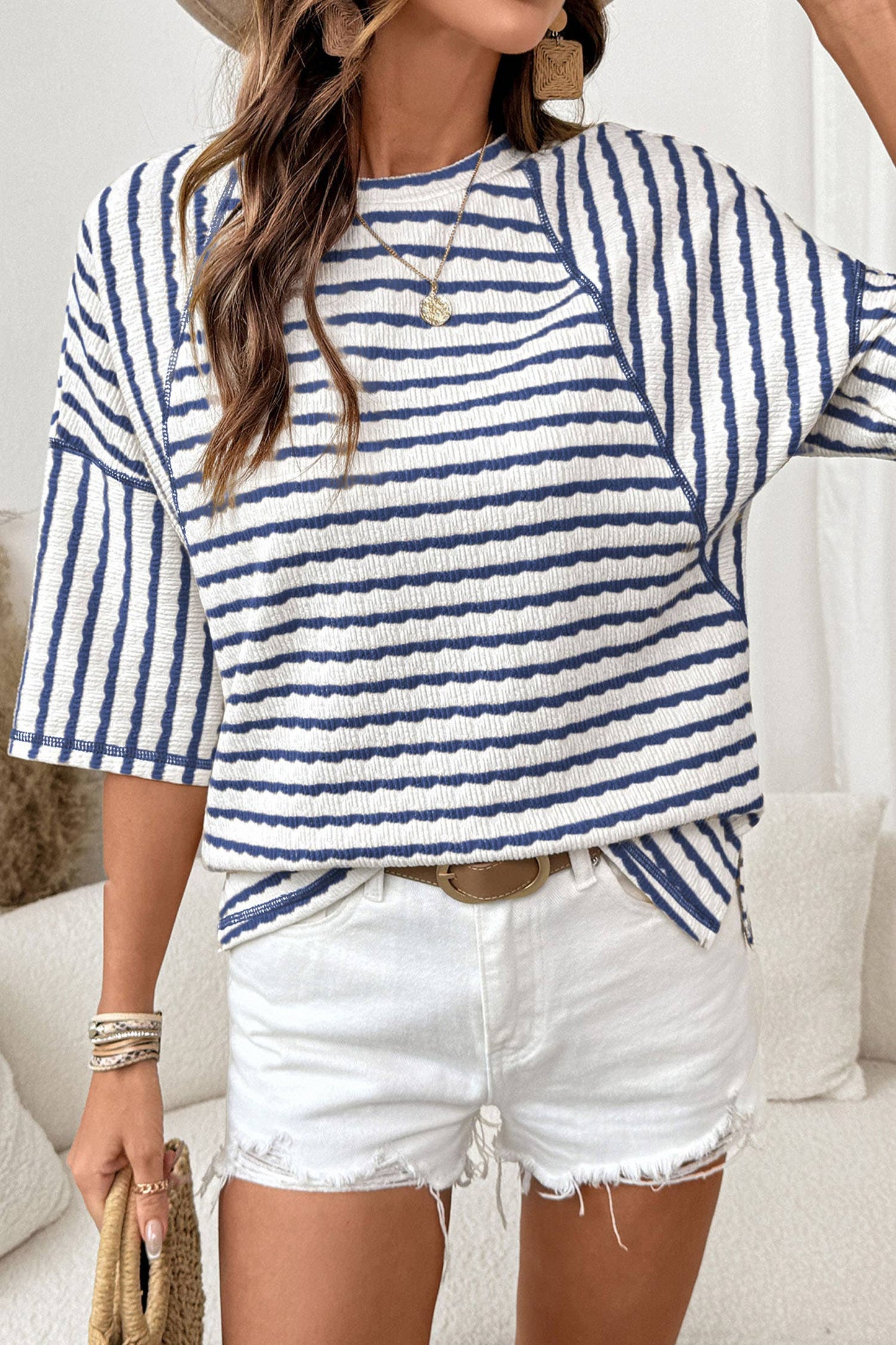 Shirts Women’s Striped Textured Knit Split Hem Half Sleeve Loose Top P1819